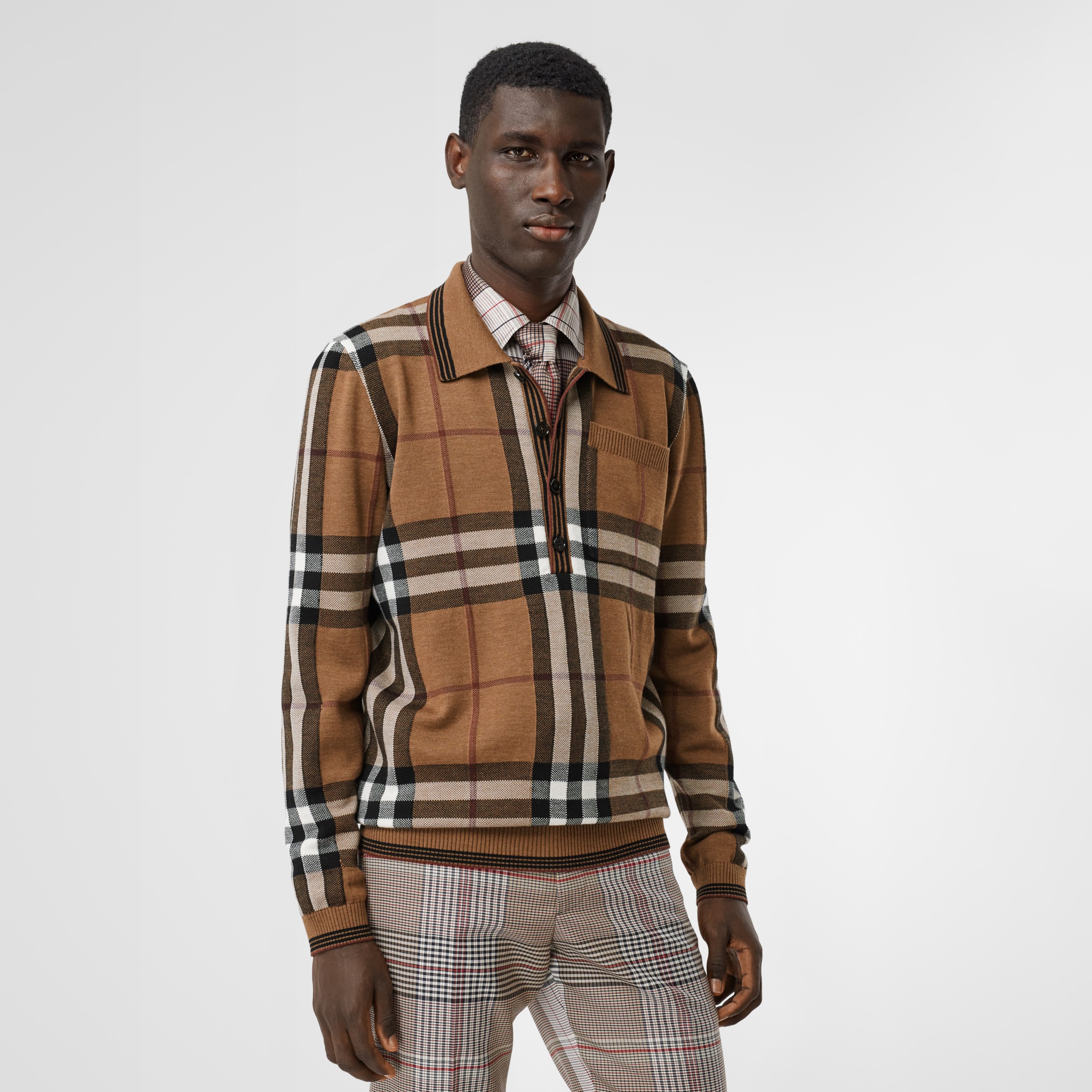 Check Intarsia Wool Polo Shirt in Birch Brown | Burberry United States