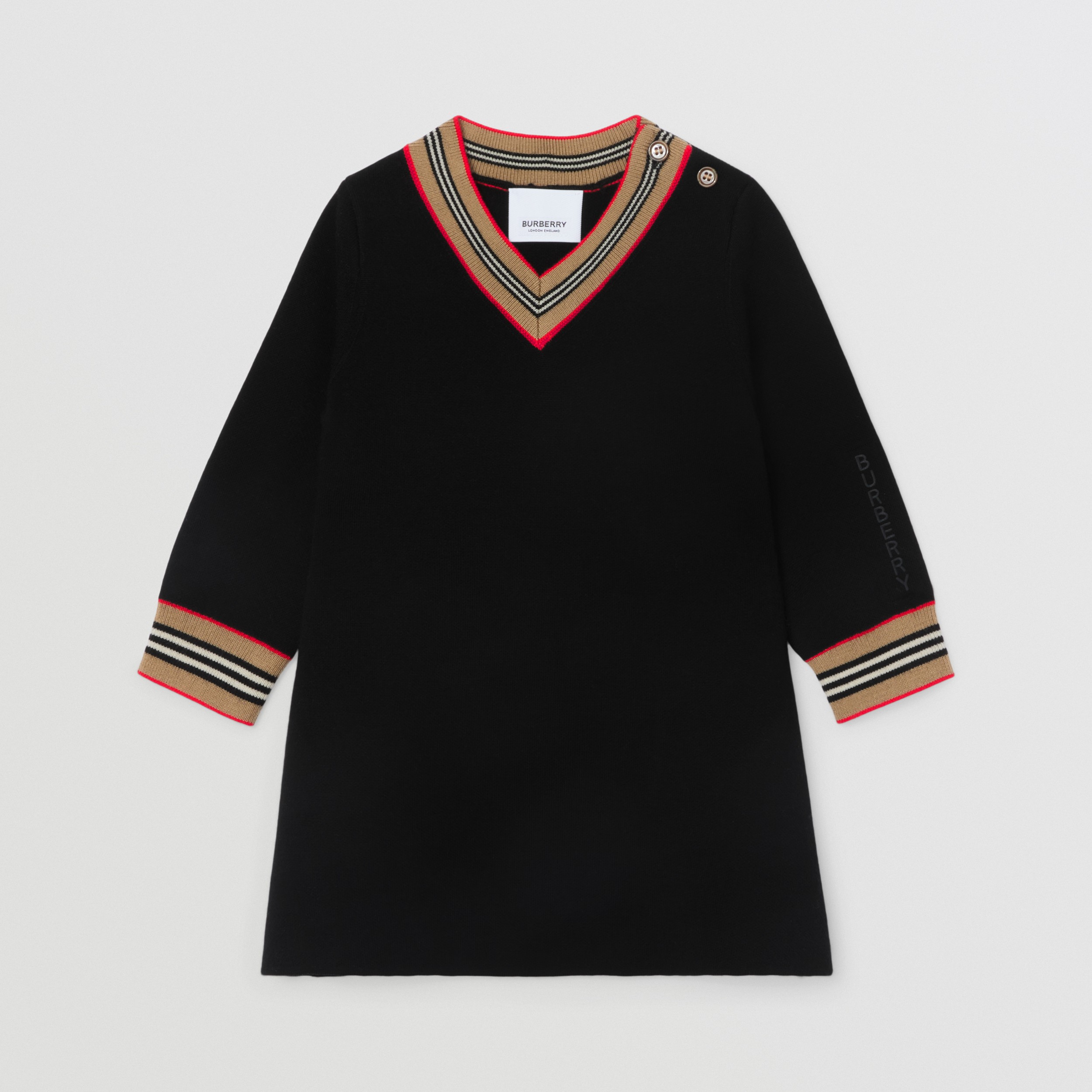 Icon Stripe Detail Wool Blend Dress in Black - Children | Burberry® Official - 1