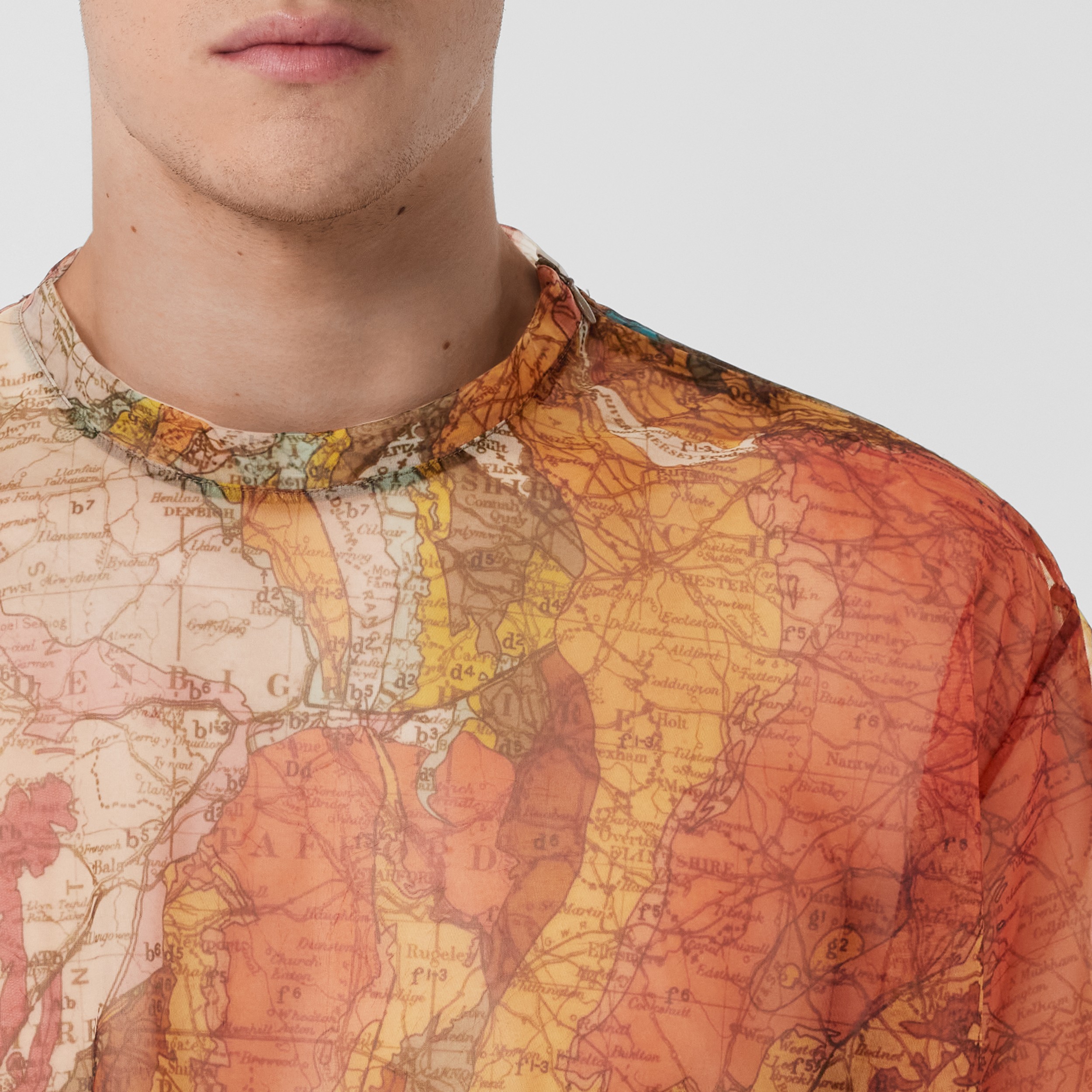 Map Print Mesh Oversized T-shirt in Bright Orange - Men | Burberry® Official - 2