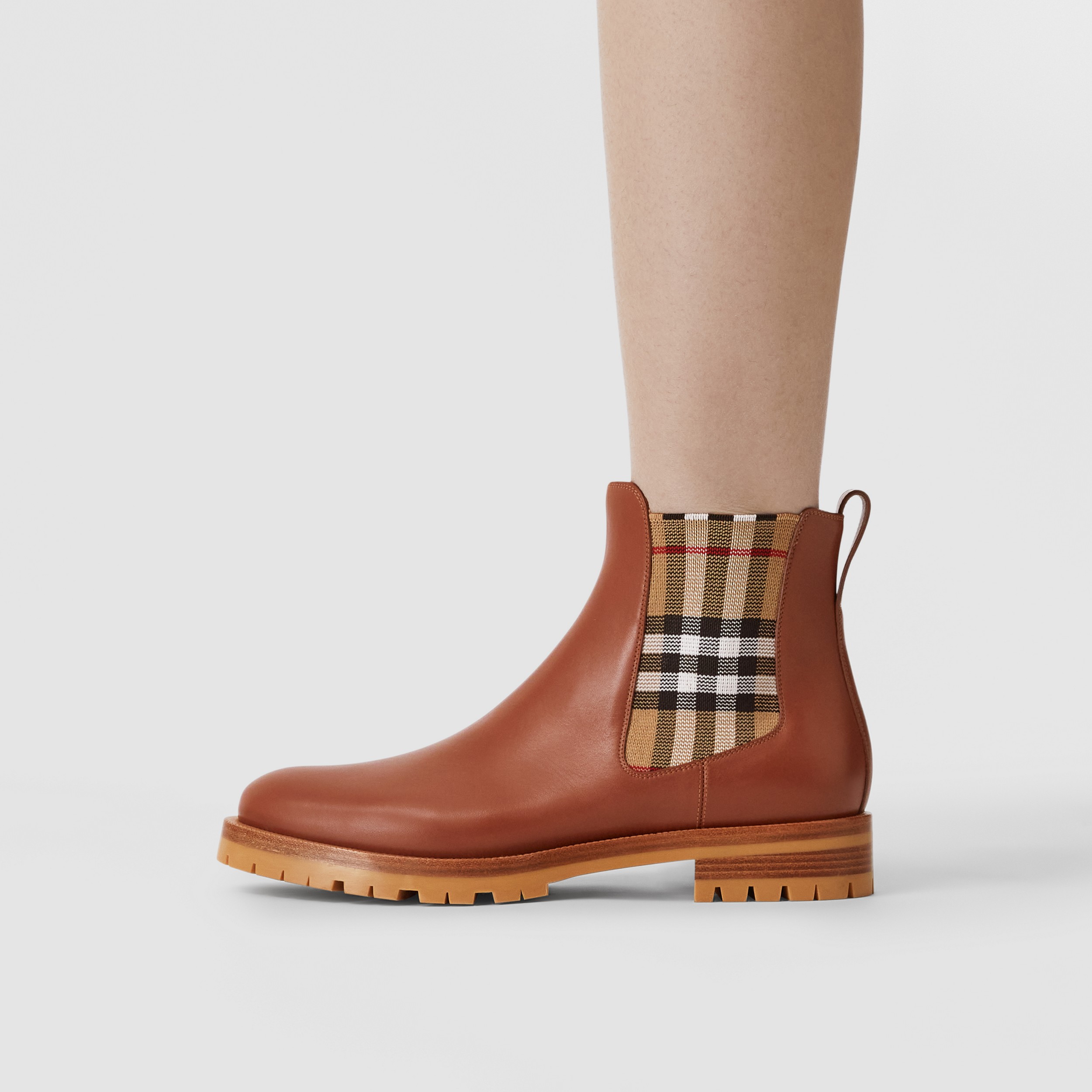 Vintage Check Detail Leather Chelsea Boots in Light Tan - Women | Burberry® Official - 3
