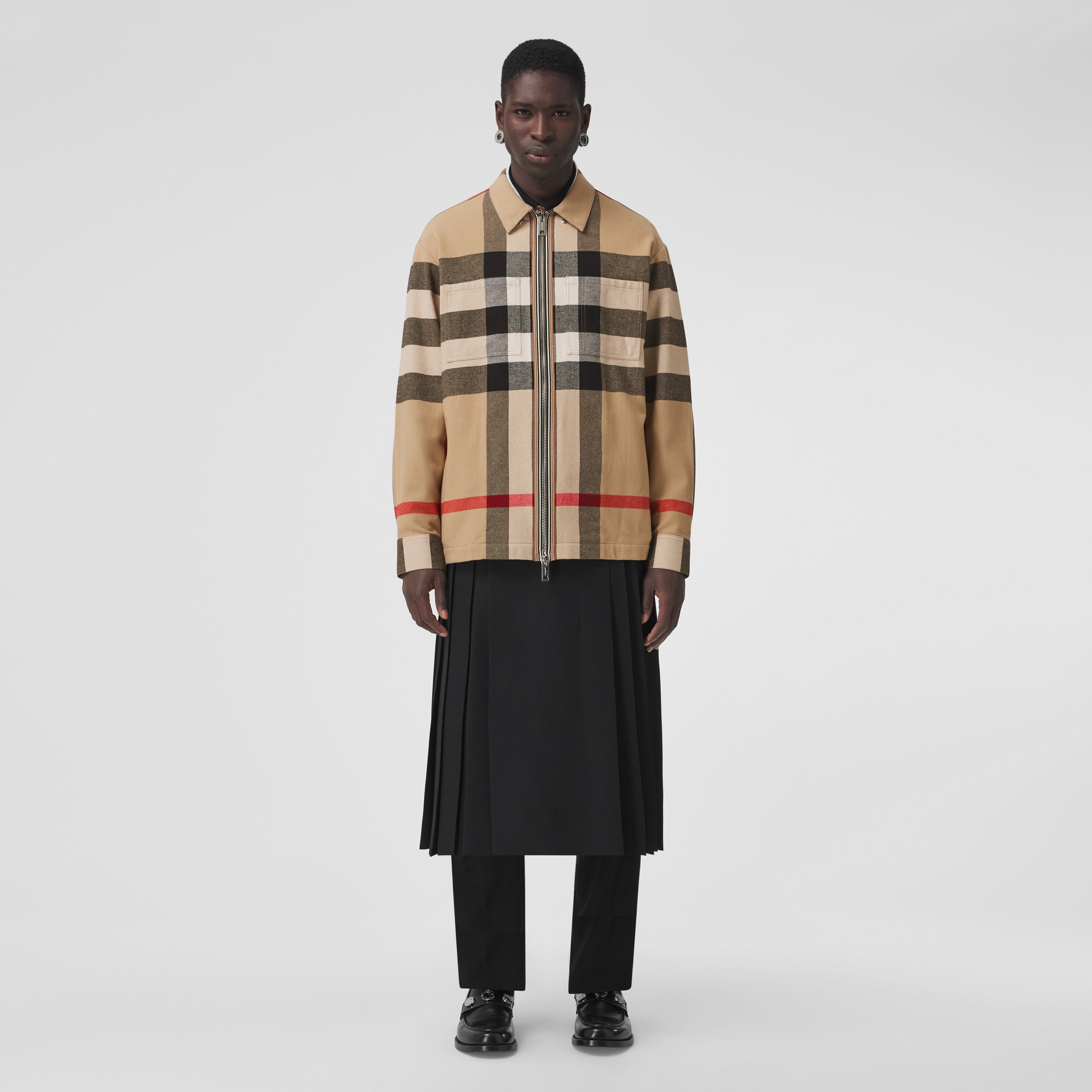 Exaggerated Check Wool Cotton Overshirt in Archive Beige - Men | Burberry® Official - 1