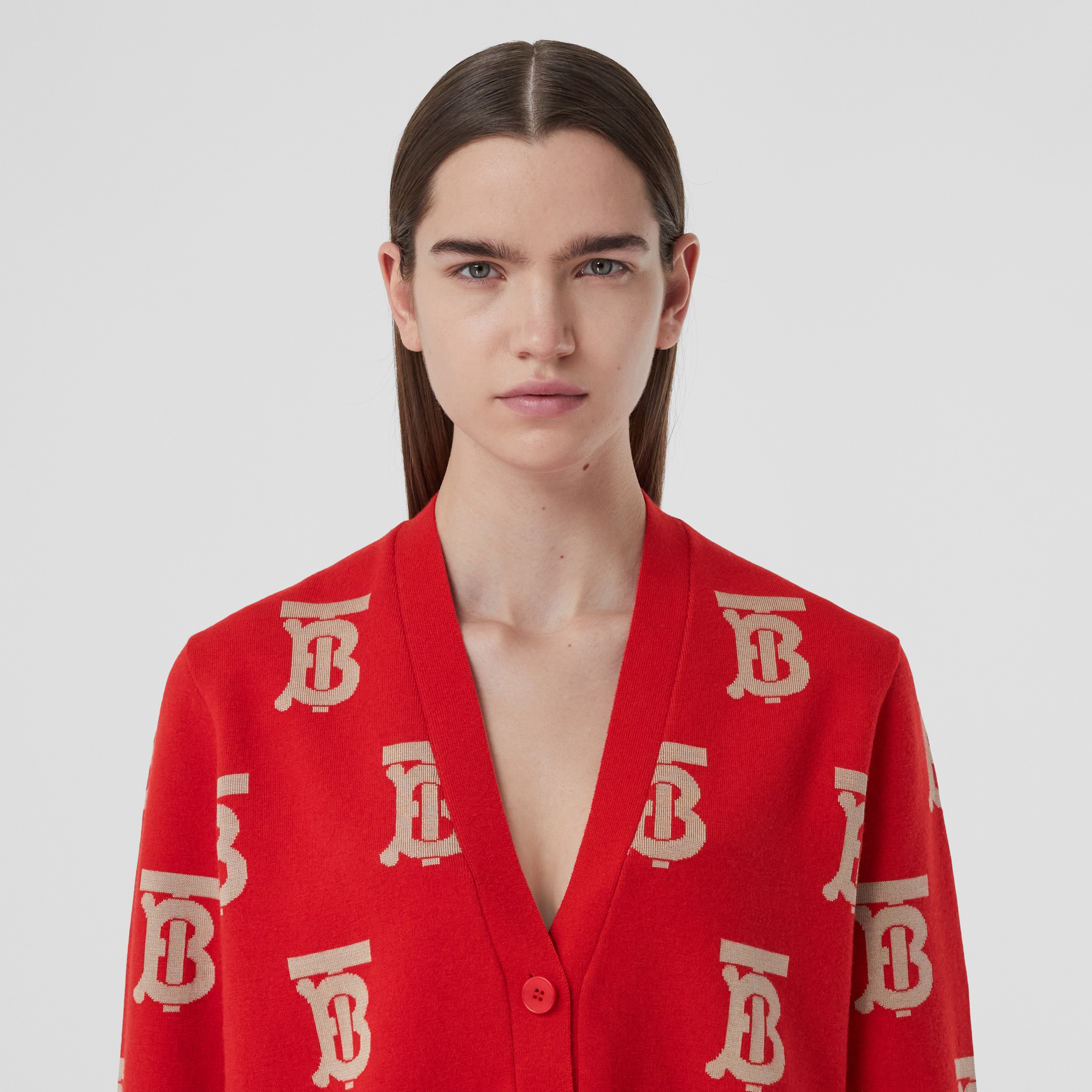 Monogram Wool Silk Blend Oversized Cardigan in Bright Red - Women | Burberry® Official - 2