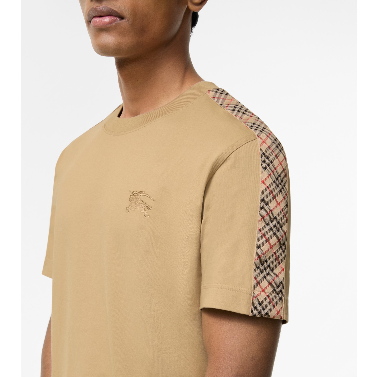チェックトリム コットンTシャツ (フラックスベージュ) - メンズ