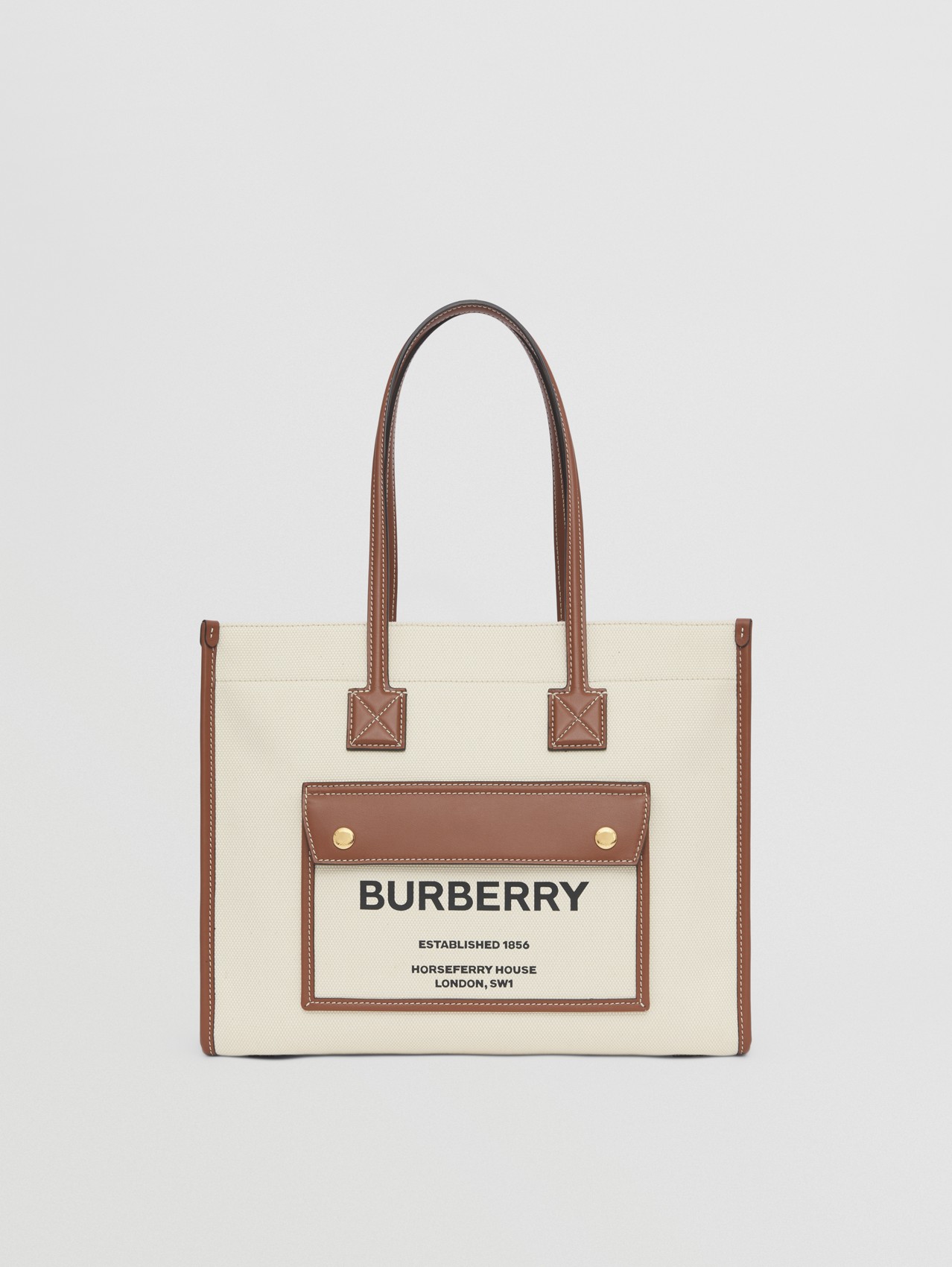 Small Two-tone Canvas and Leather Freya Tote in Natural/tan