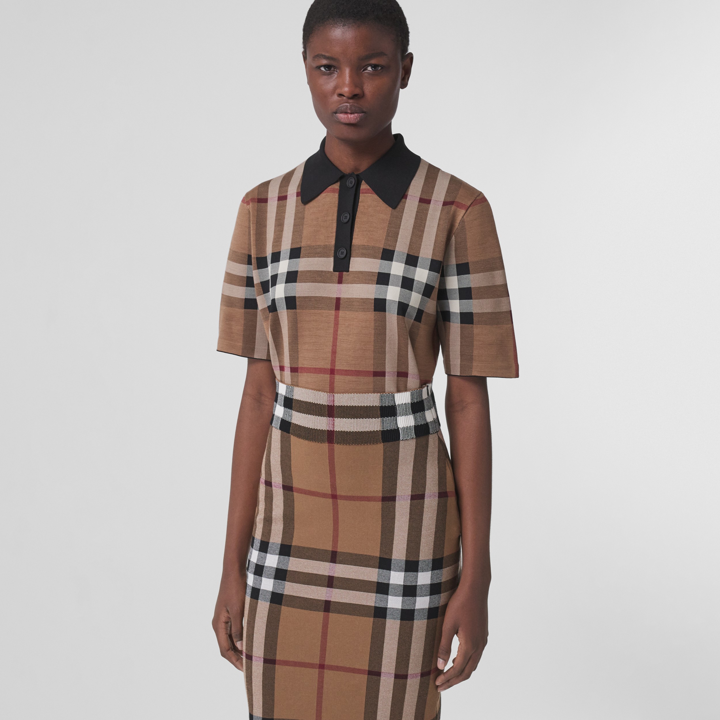 Check Silk Blend Jacquard Polo Shirt in Birch Brown - Women | Burberry® Official - 1