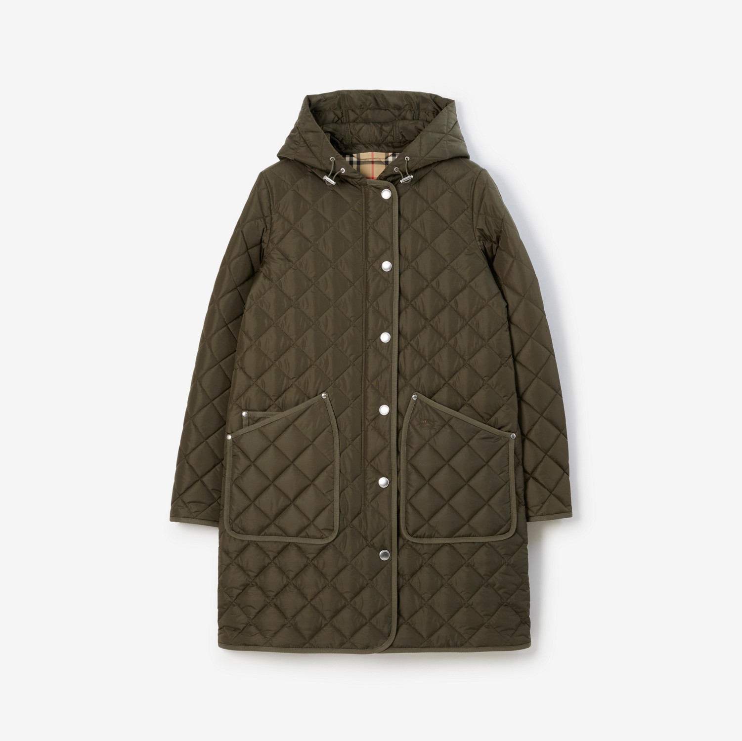 Quilted Nylon Hooded Coat in Dark Military Khaki - Women | Burberry® Official
