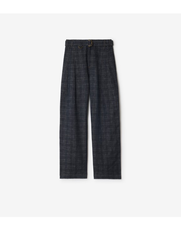 High Rise Wide Check Denim Jeans