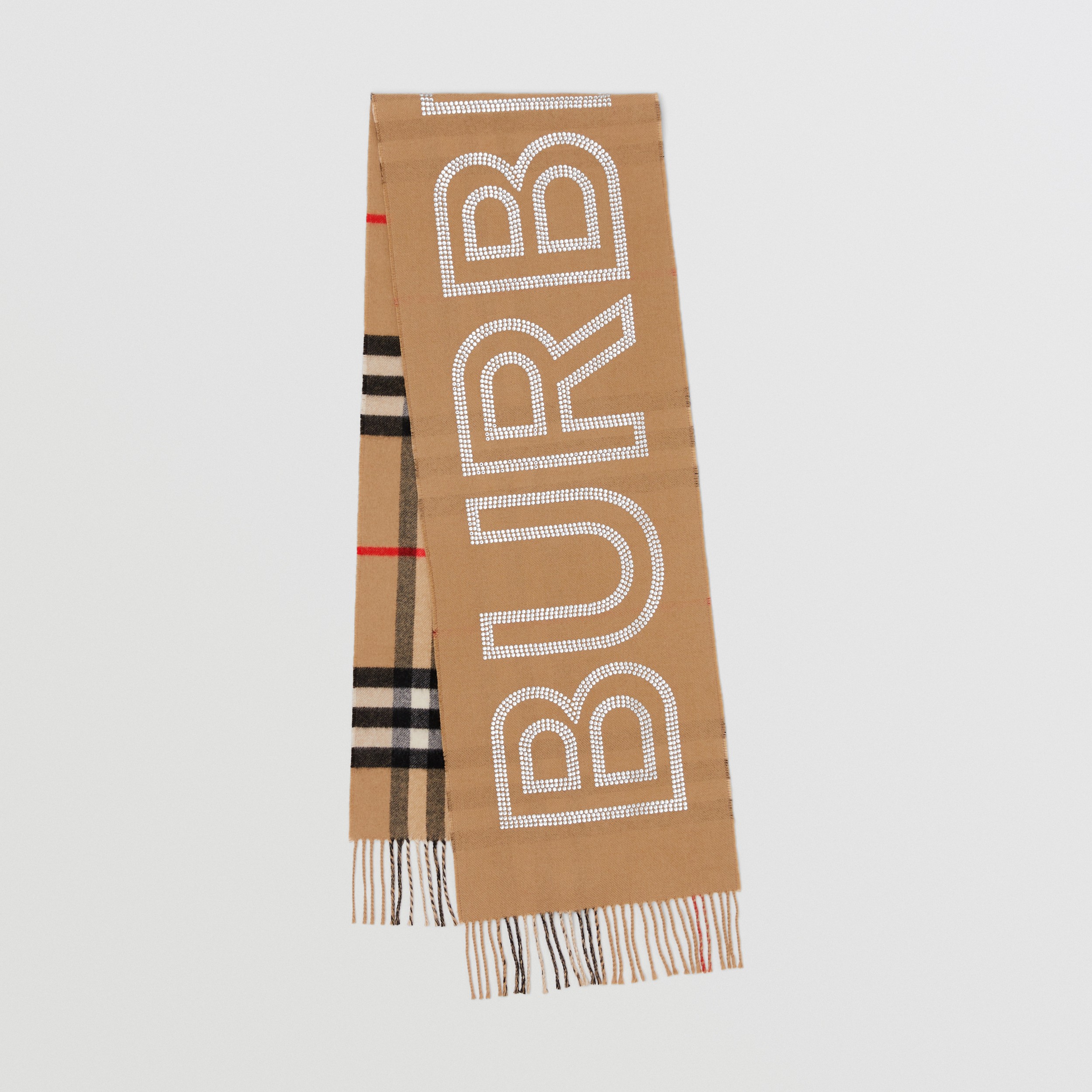 Sciarpa reversibile in cashmere con motivo tartan e logo con cristalli (Beige Archivio) | Sito ufficiale Burberry® - 1