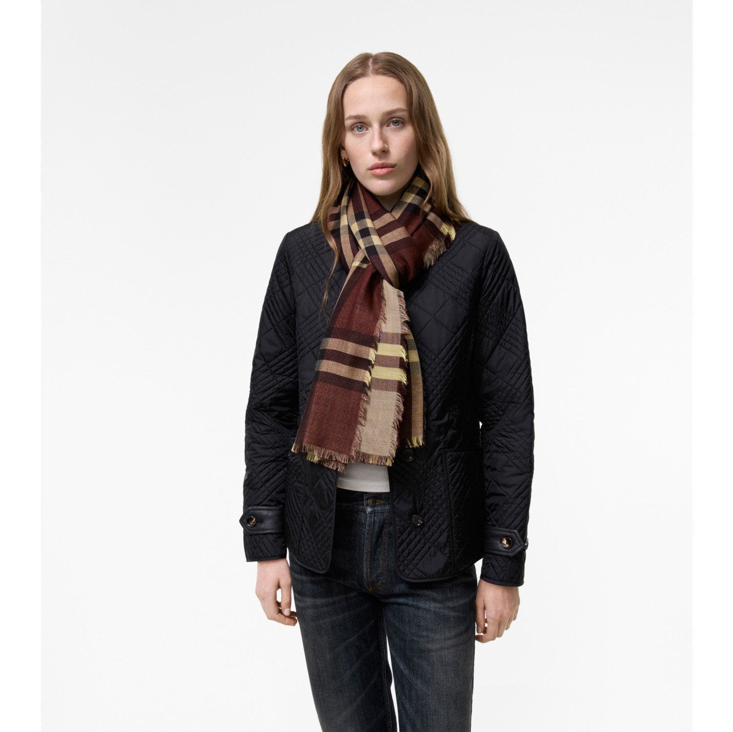 Wide Reversible Check Wool Silk Scarf