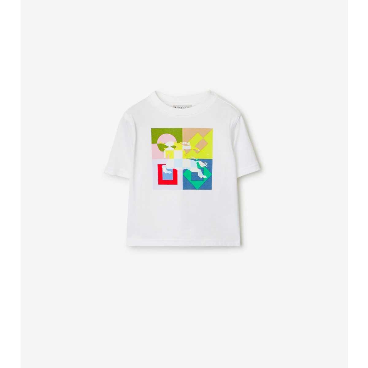 Burberry Short-sleeved Crew-neck T-shirt In Soft Cotton With An Equestrian Knight Print On A Geometric Patter In White
