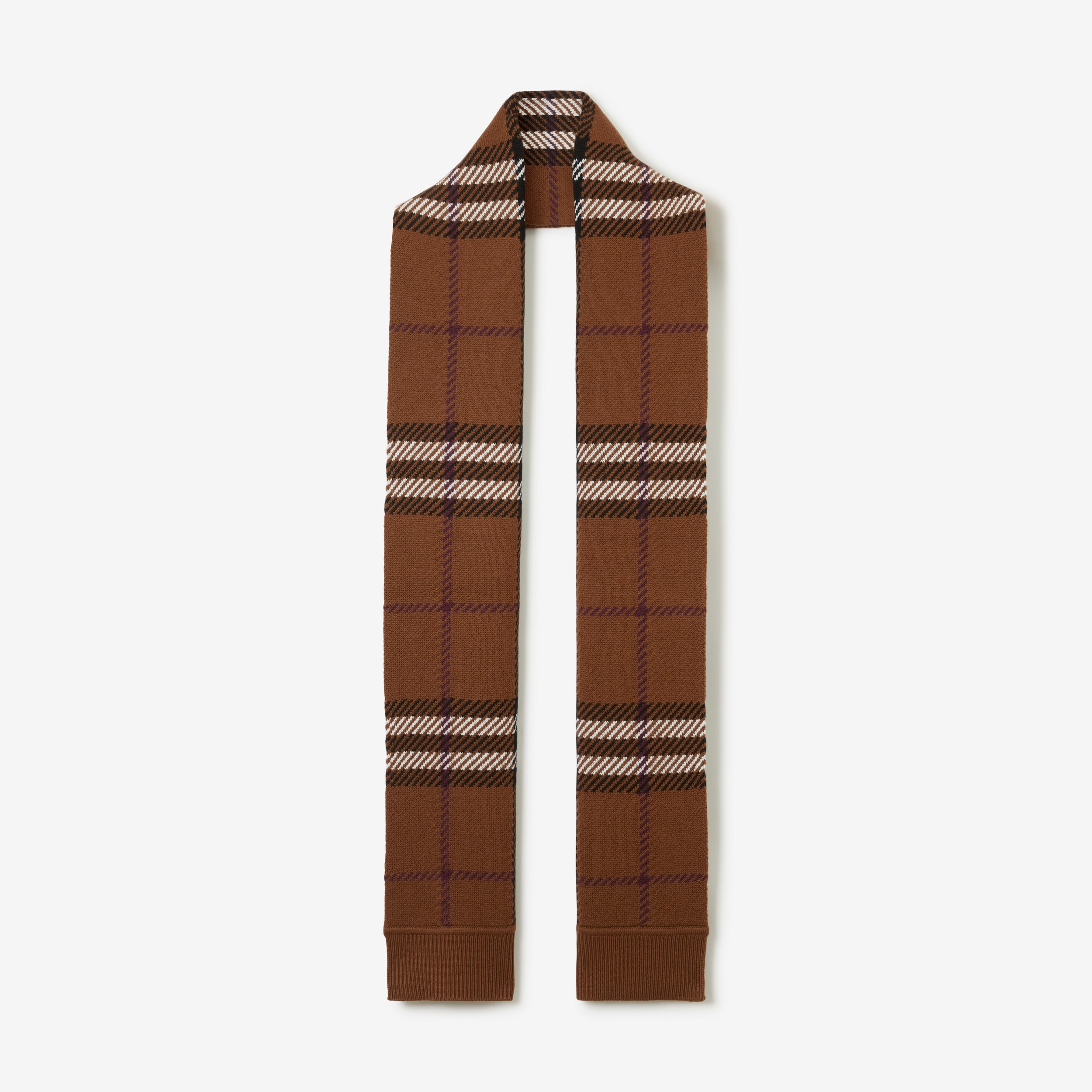 Check Wool Blend Knitted Scarf in Dark Birch Brown | Burberry® Official - 1
