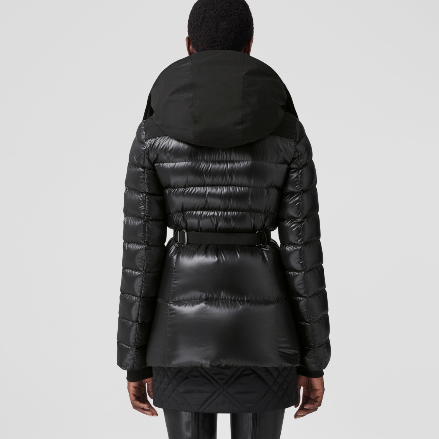 Contrast Hood Nylon Belted Puffer Jacket