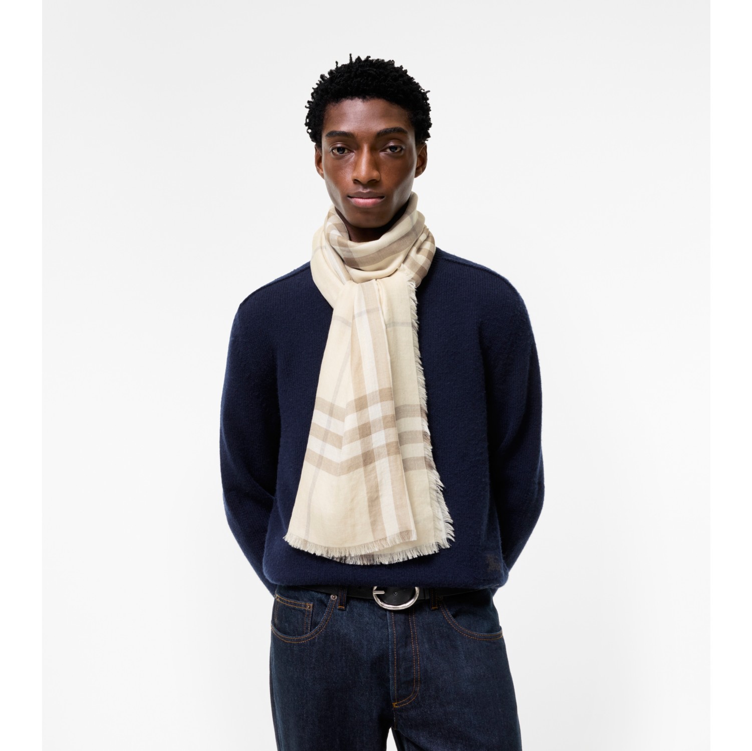 Wide Reversible Check Wool Silk Scarf in Sesame beige | Burberry® Official