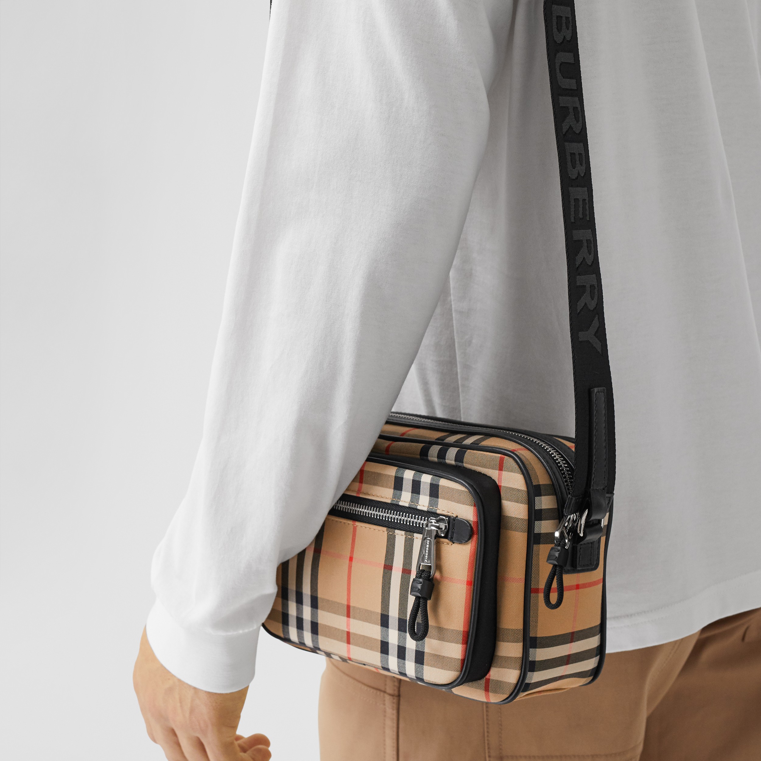 Vintage Check and Leather Crossbody Bag in Archive Beige - Men | Burberry® Official - 3
