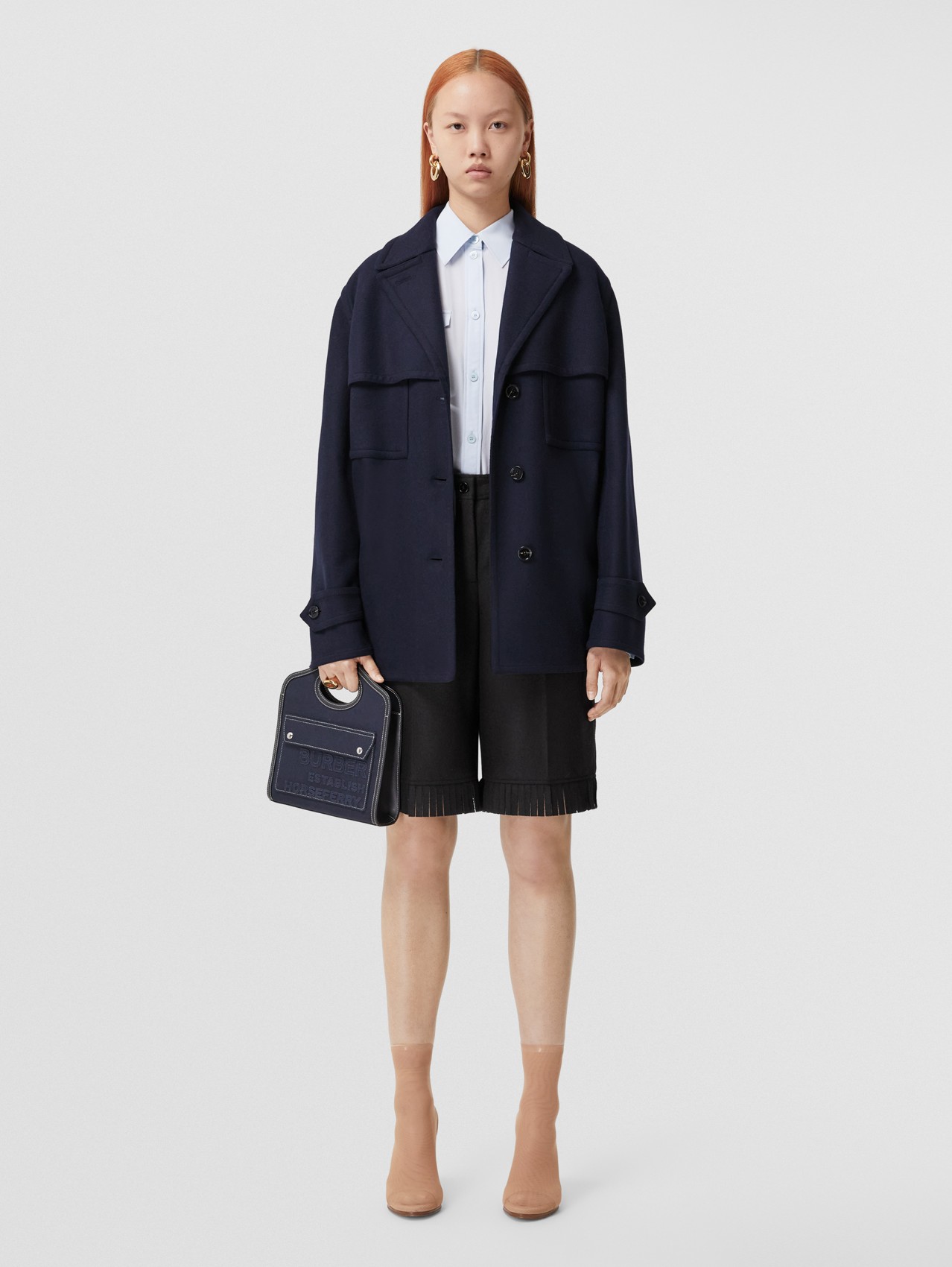 Pea coat in cashmere double face (Nero Navy)