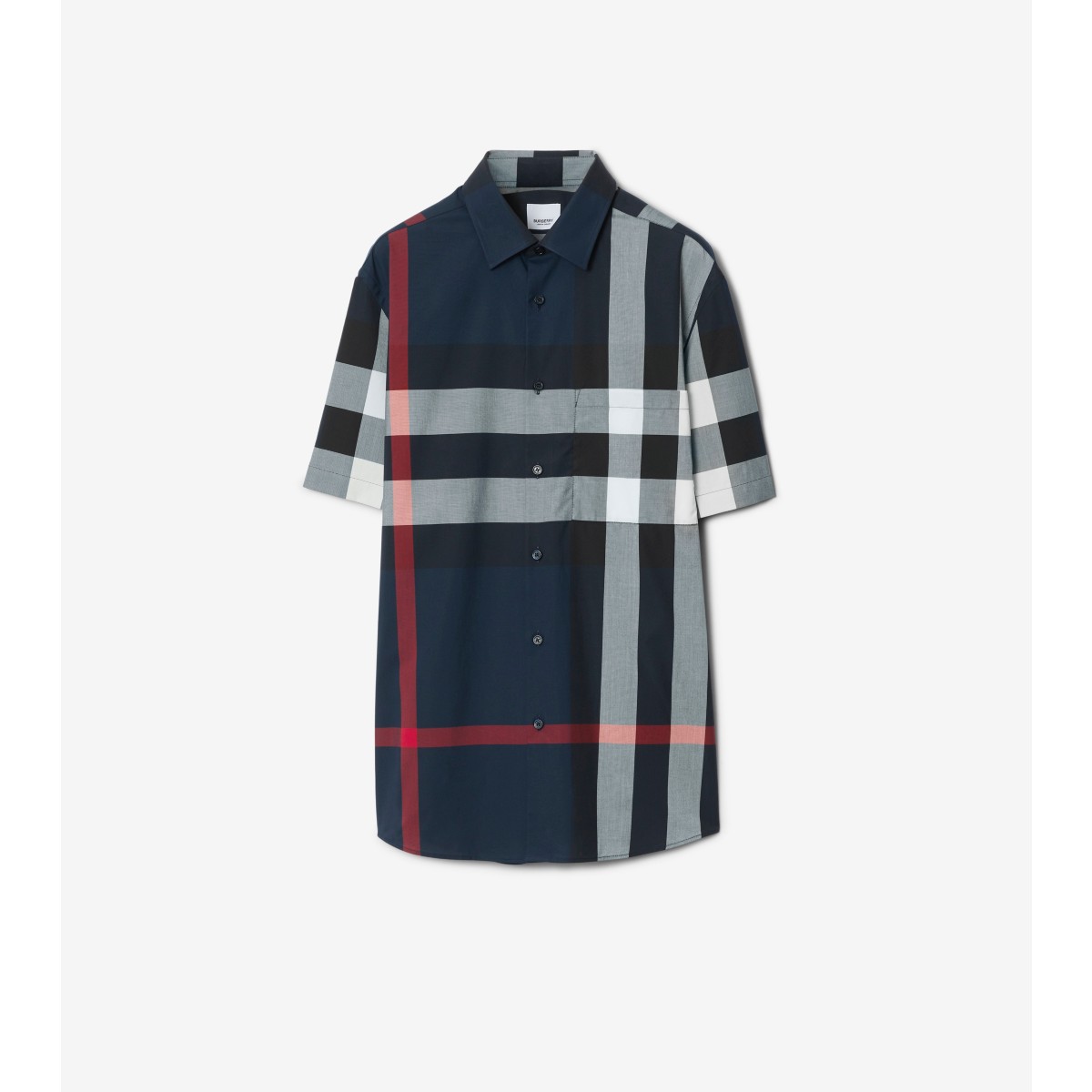 Burberry Short-sleeve Check Stretch Cotton Poplin Shirt In Navy