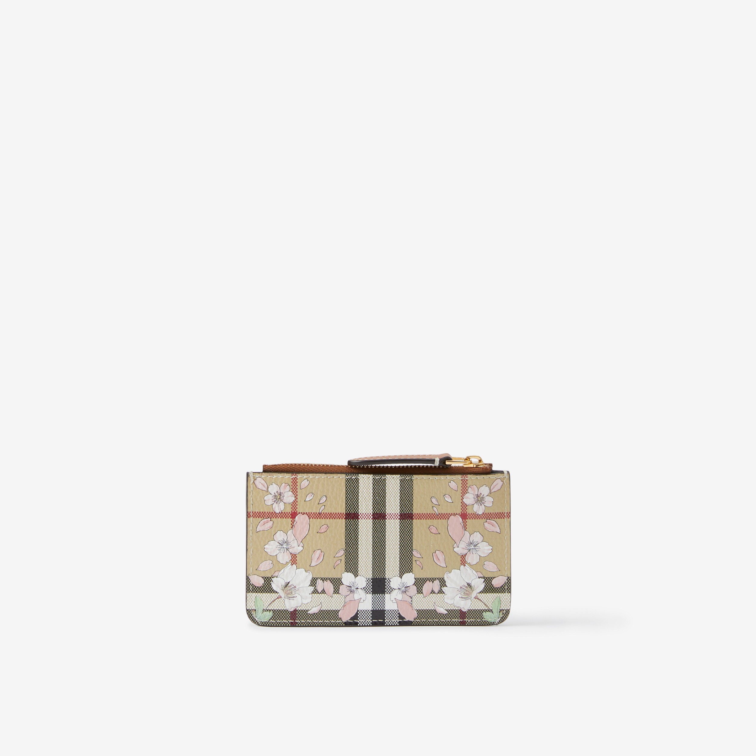 Porta-moedas de couro com estampa xadrez floral e alça (Bege Clássico) - Mulheres | Burberry® oficial - 1