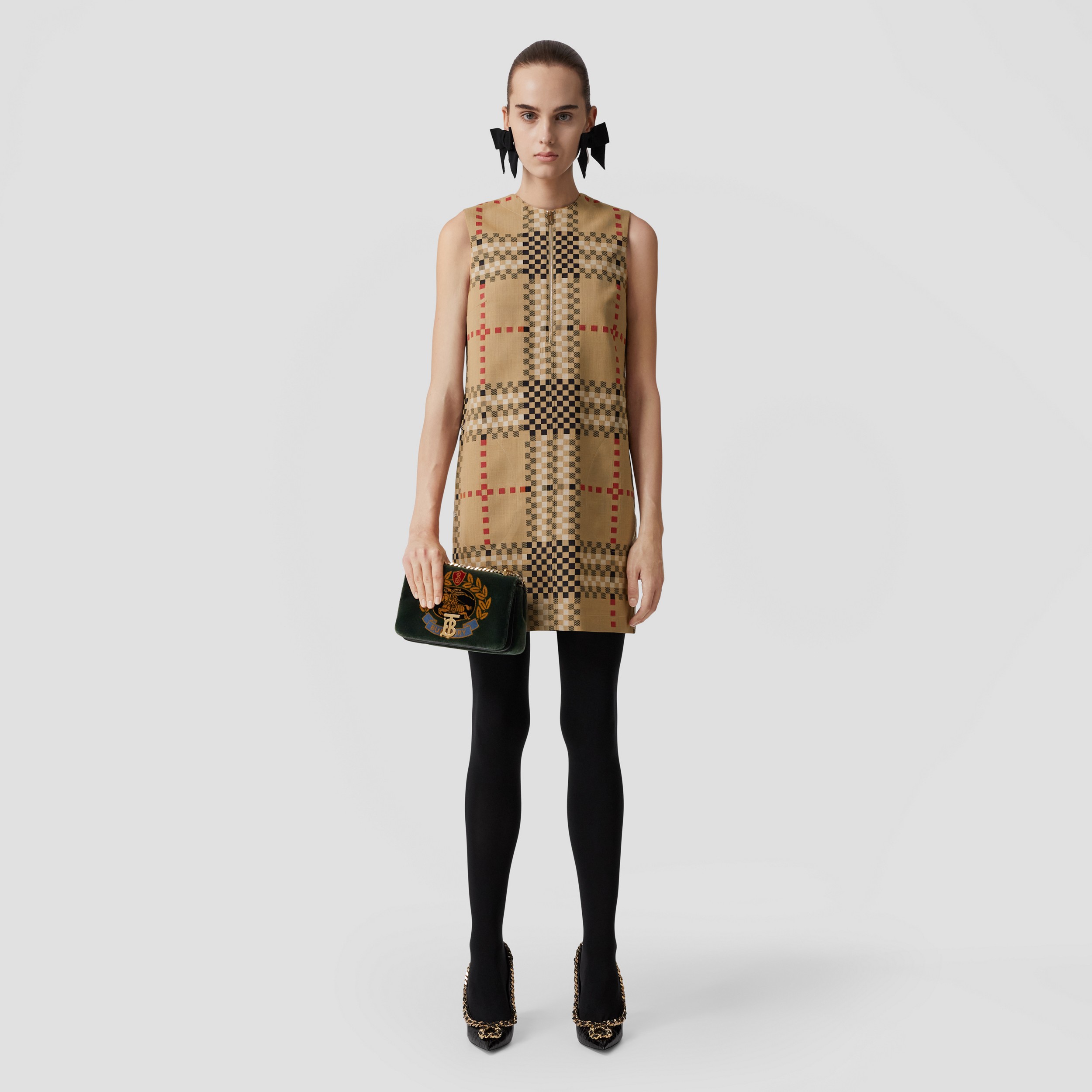 Sleeveless Pixel Check Wool Dress in Archive Beige - Women | Burberry® Official - 4