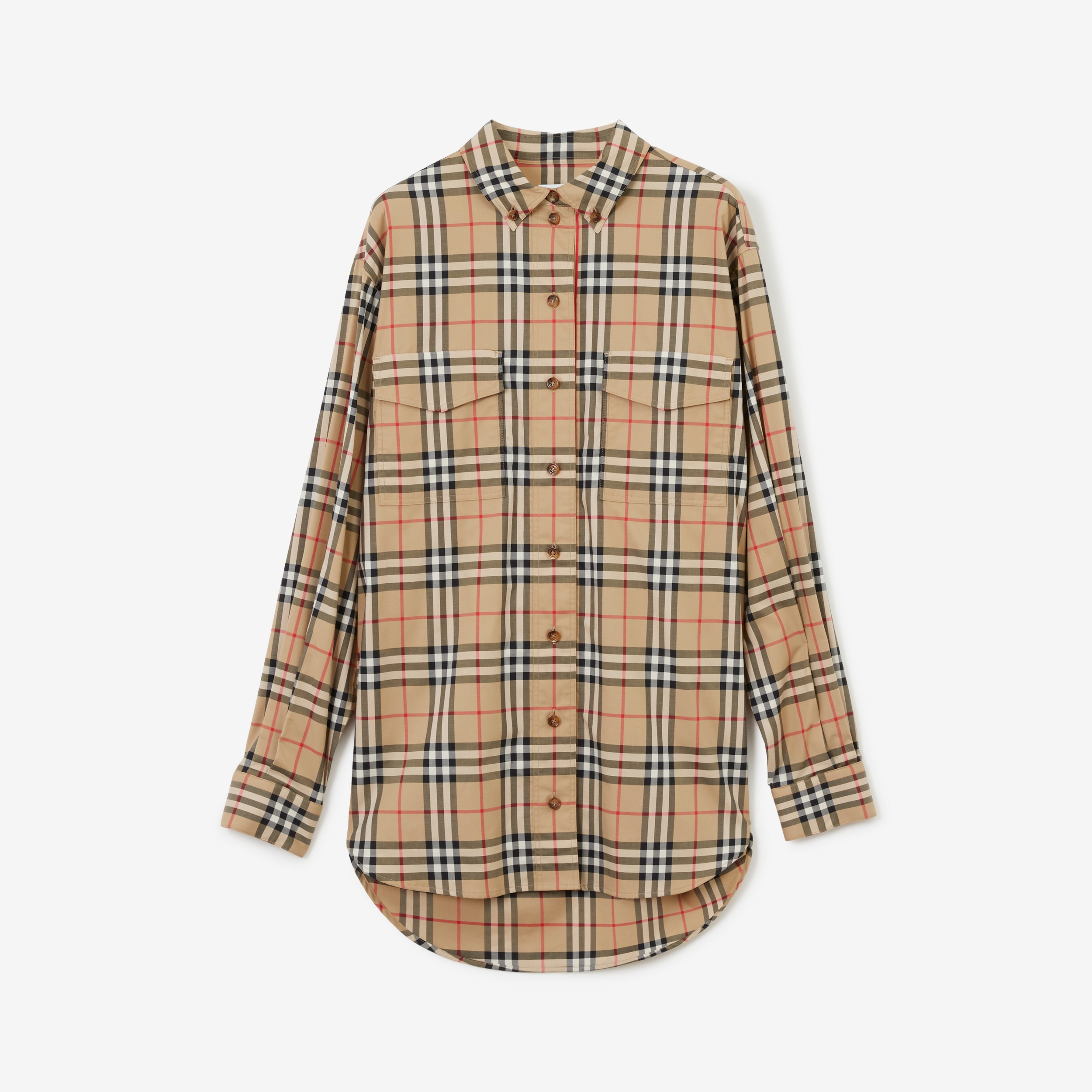 Camisa oversize de algodão stretch xadrez (Bege Clássico) - Mulheres | Burberry® oficial - 1