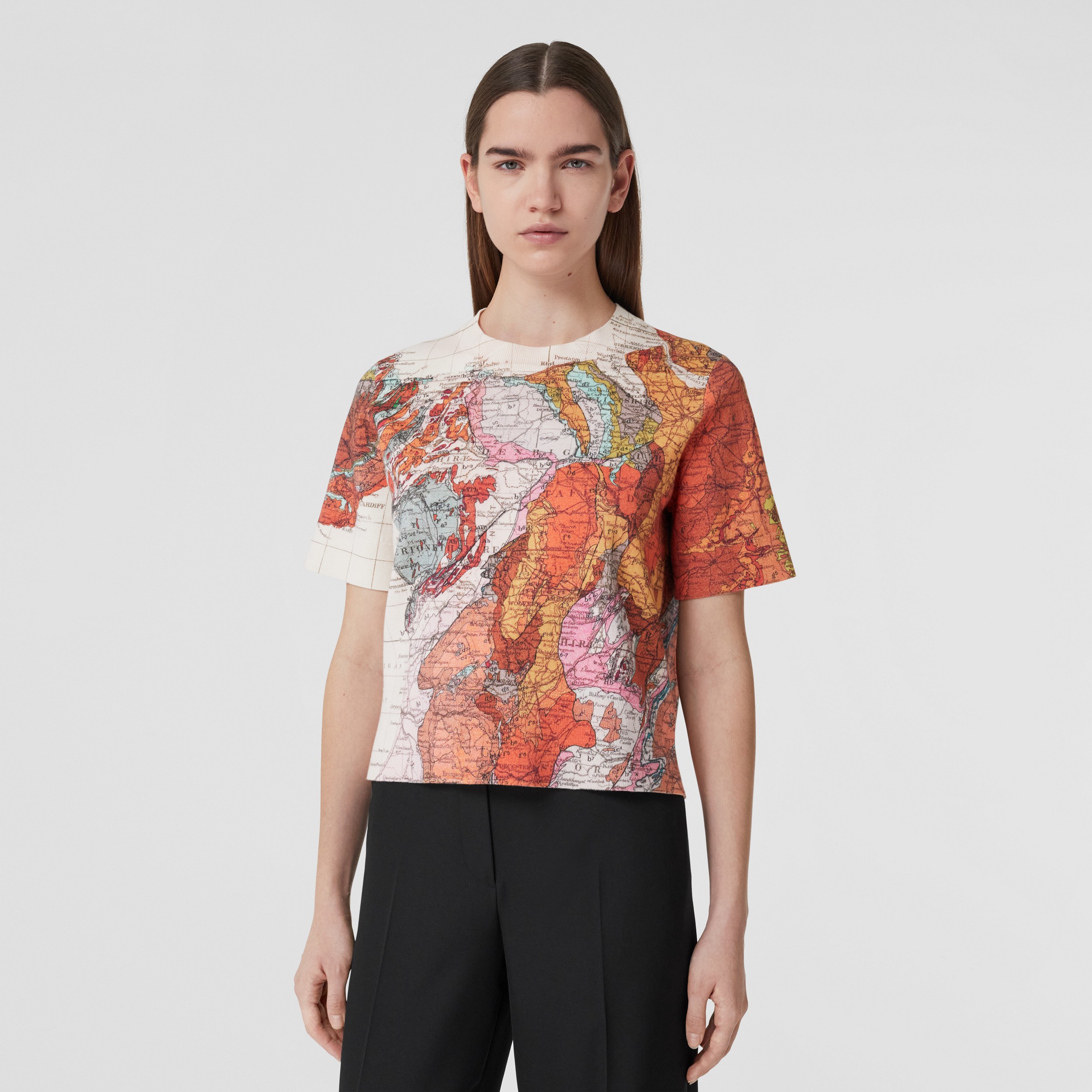 T-Shirt aus Baumwolle und Kaschmir mit Kartenmotiv (Leuchtendes Orange) - Damen | Burberry® - 1