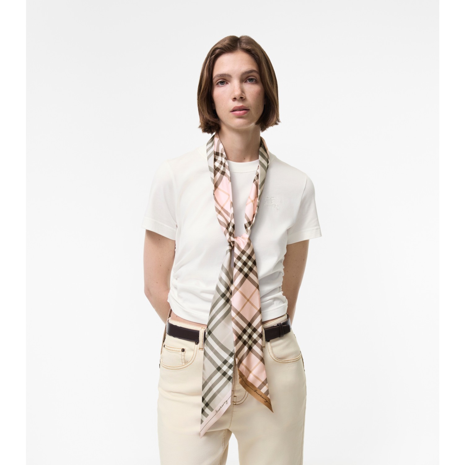 Skinny Contrast Check Silk Scarf in Bow pink/mitten grey | Burberry® Official