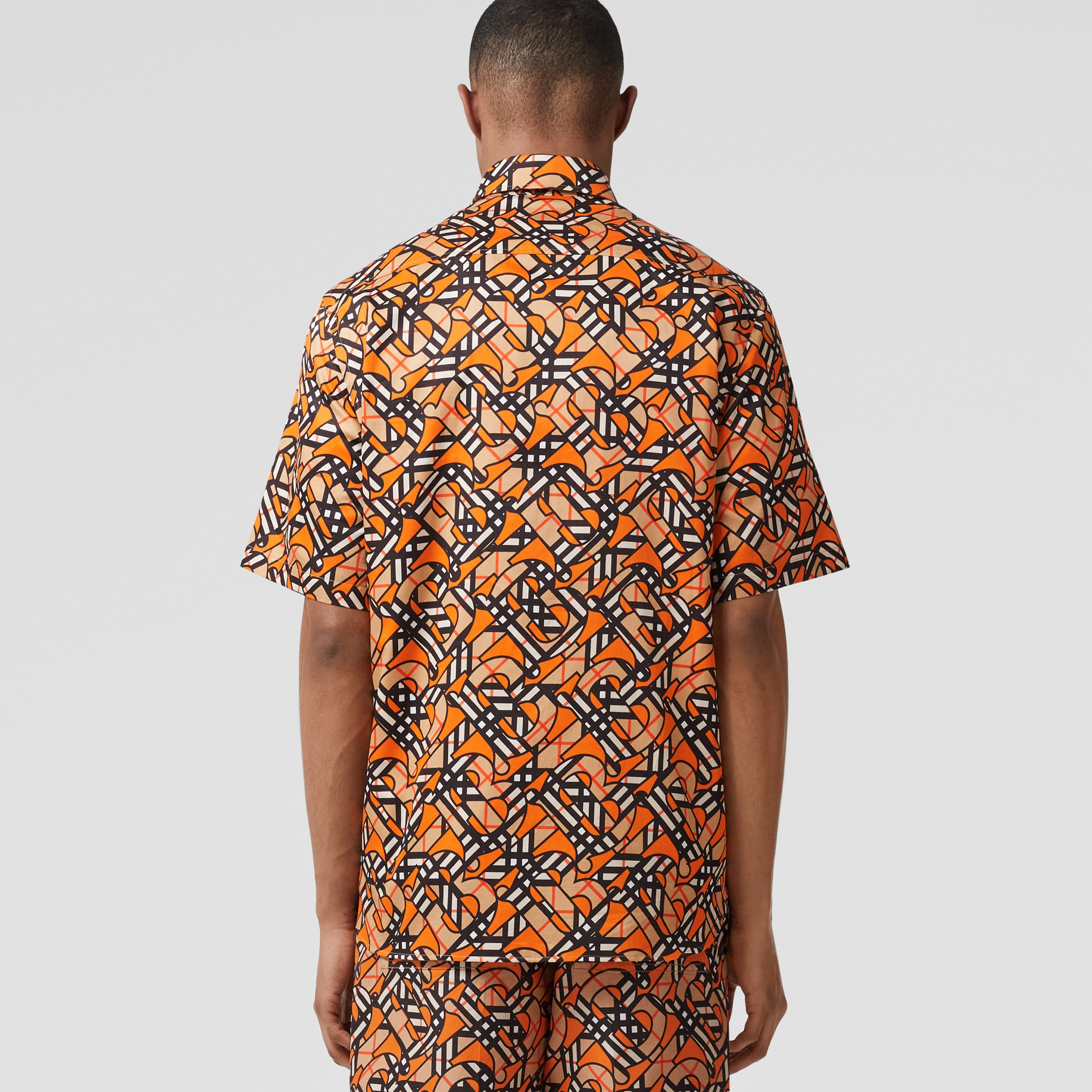 Short-sleeve Monogram Print Cotton Poplin Shirt in Bright Orange - Men | Burberry® Official - 3