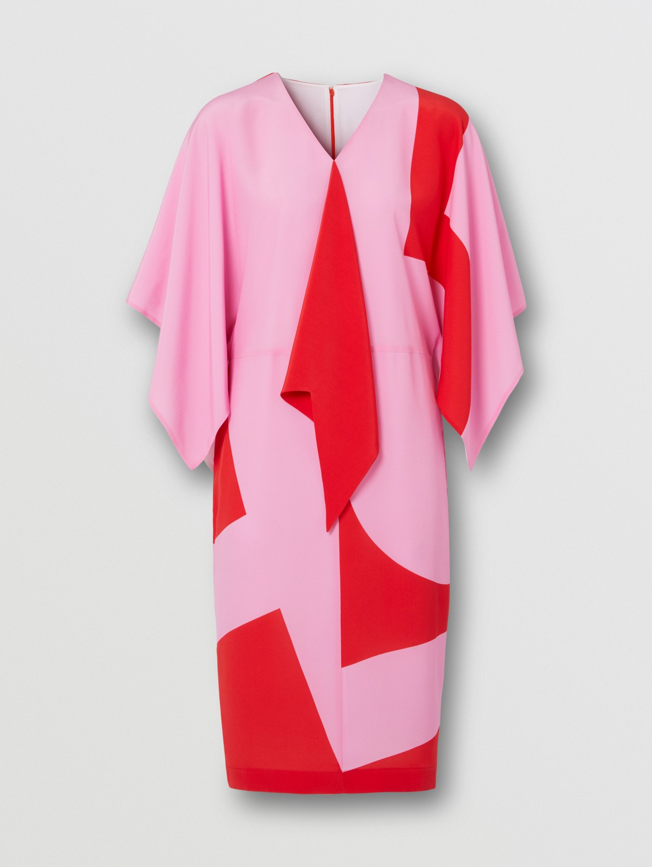 Cape Sleeve Geometric Print Silk Crepe de Chine Dress in Primrose Pink
