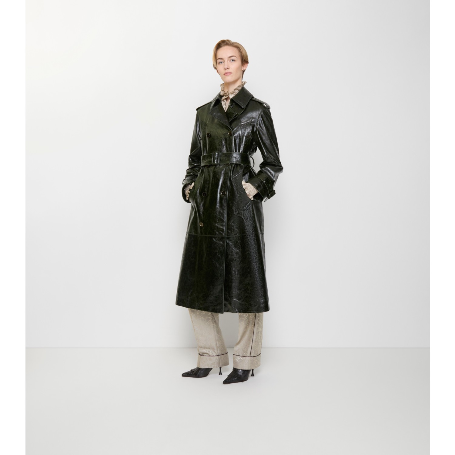 Long Embossed Leather Trench Coat