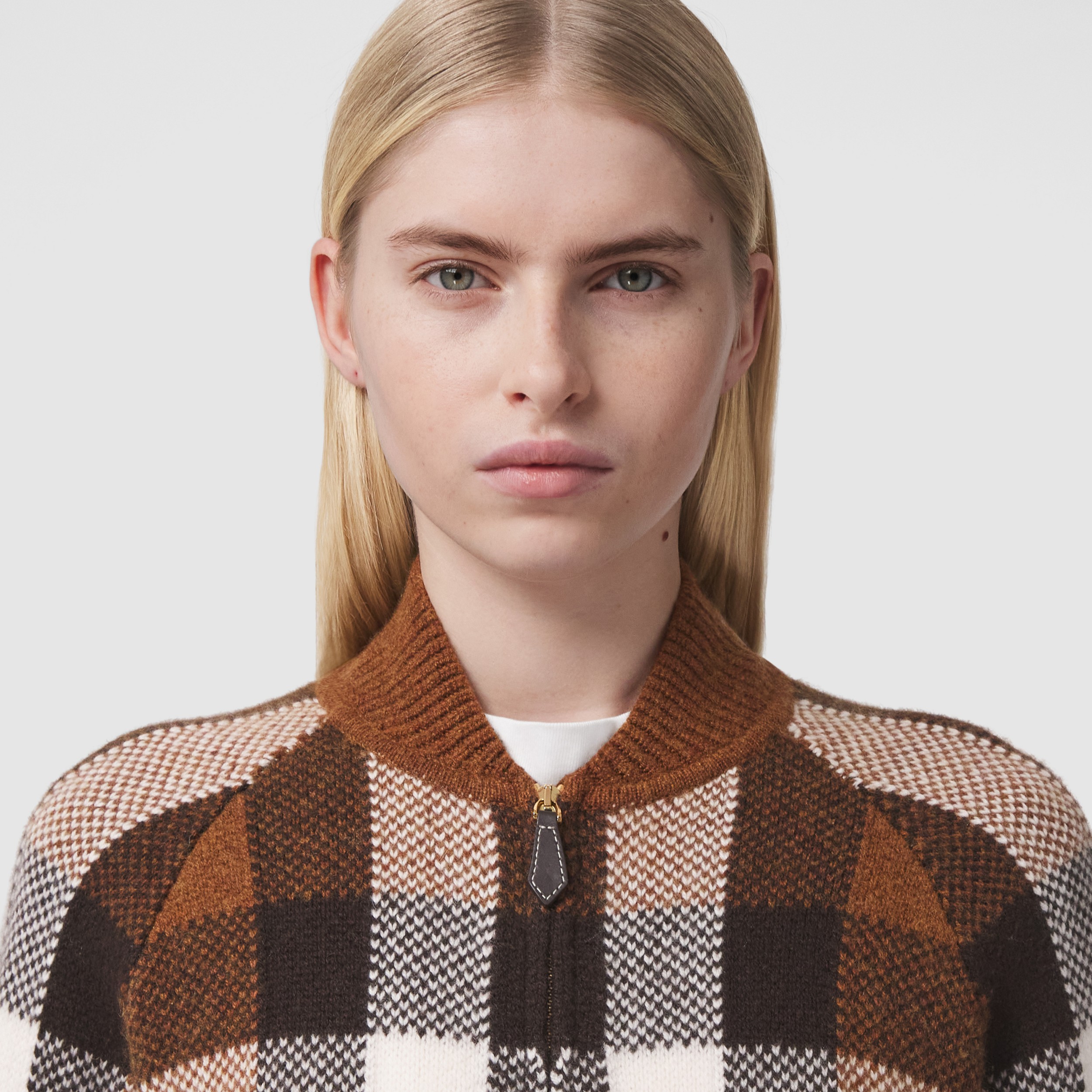 Check Intarsia Wool Cashmere Bomber Jacket in Dark Birch Brown - Women | Burberry® Official - 2