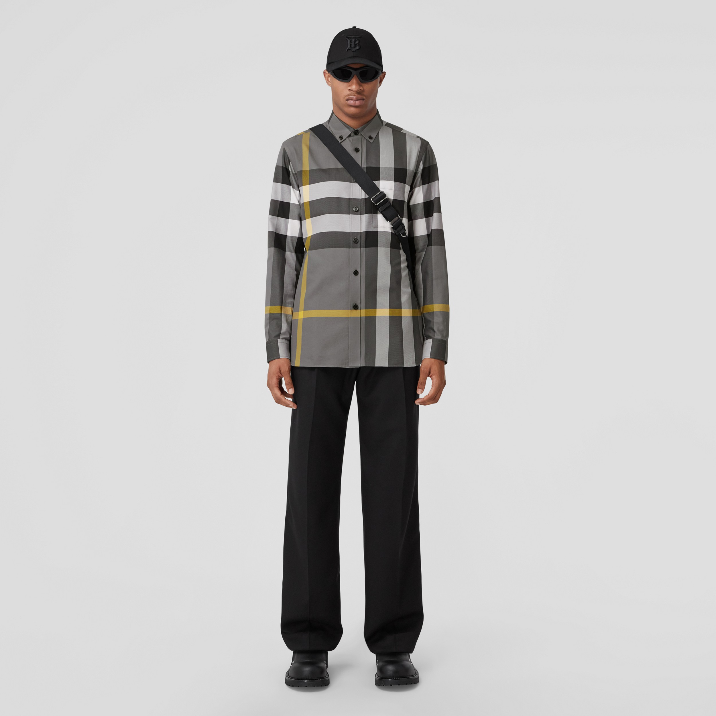 Camisa de popeline de algodão stretch xadrez (Cinza Tempestade) - Homens | Burberry® oficial - 1