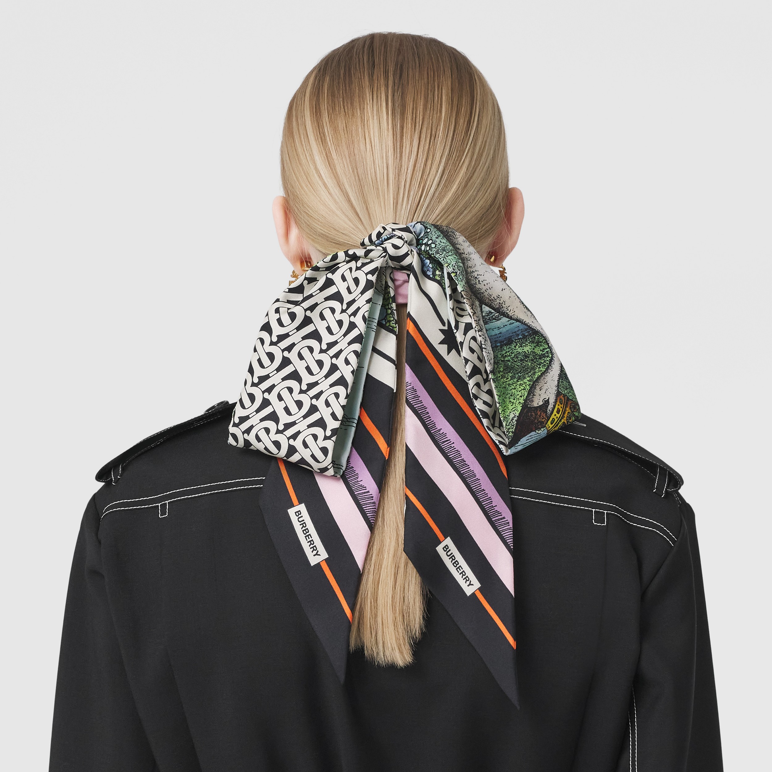 Monogram and Swan Kingdom Print Silk Skinny Scarf in Multicolour - Women | Burberry® Official - 3
