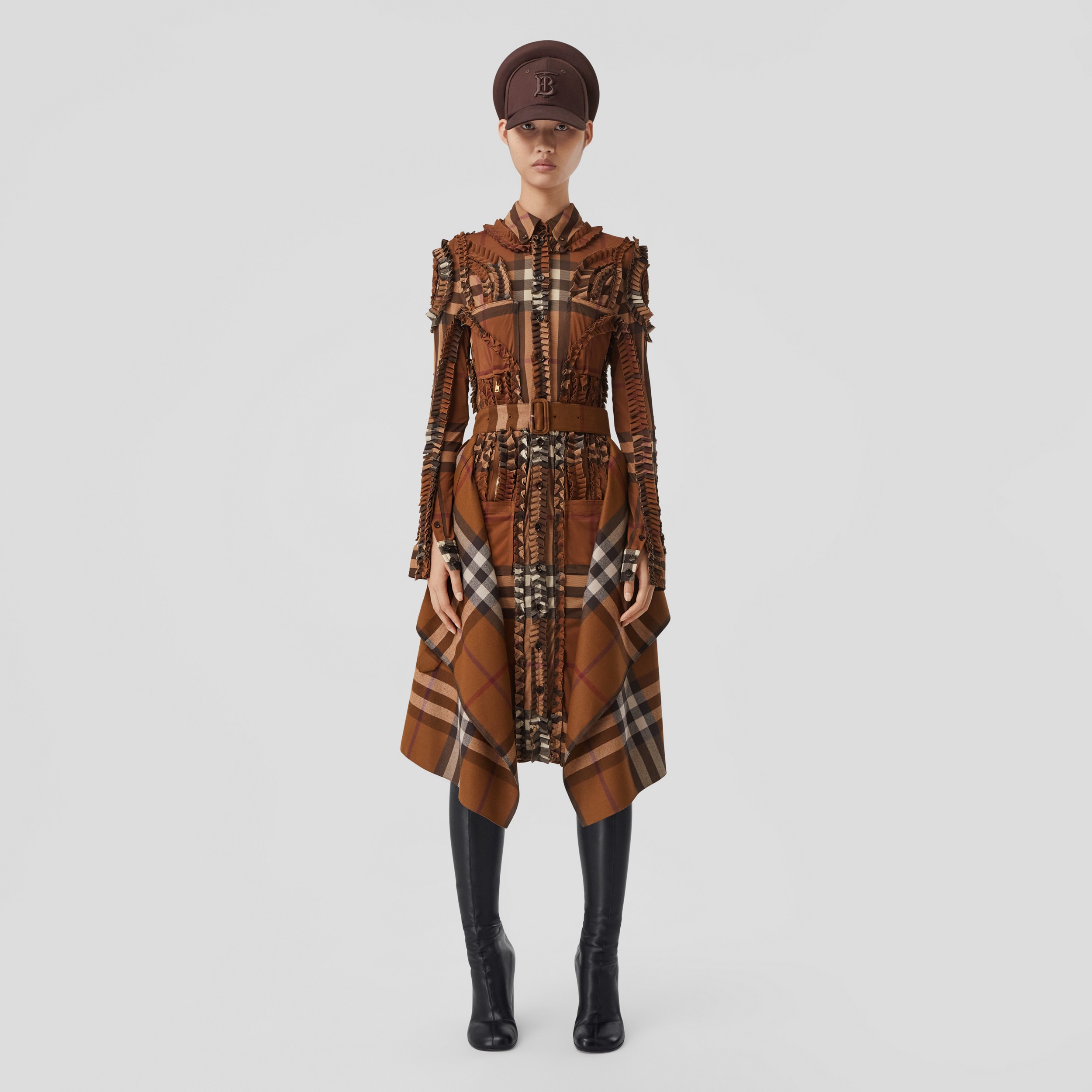 Pleated Check Stretch Jersey Shirt Dress in Dark Birch Brown - Women | Burberry® Official - 1