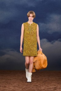 Burberry SS26 Show model Libby Bennett wearing a Beaded dress and Leather Ledger boots