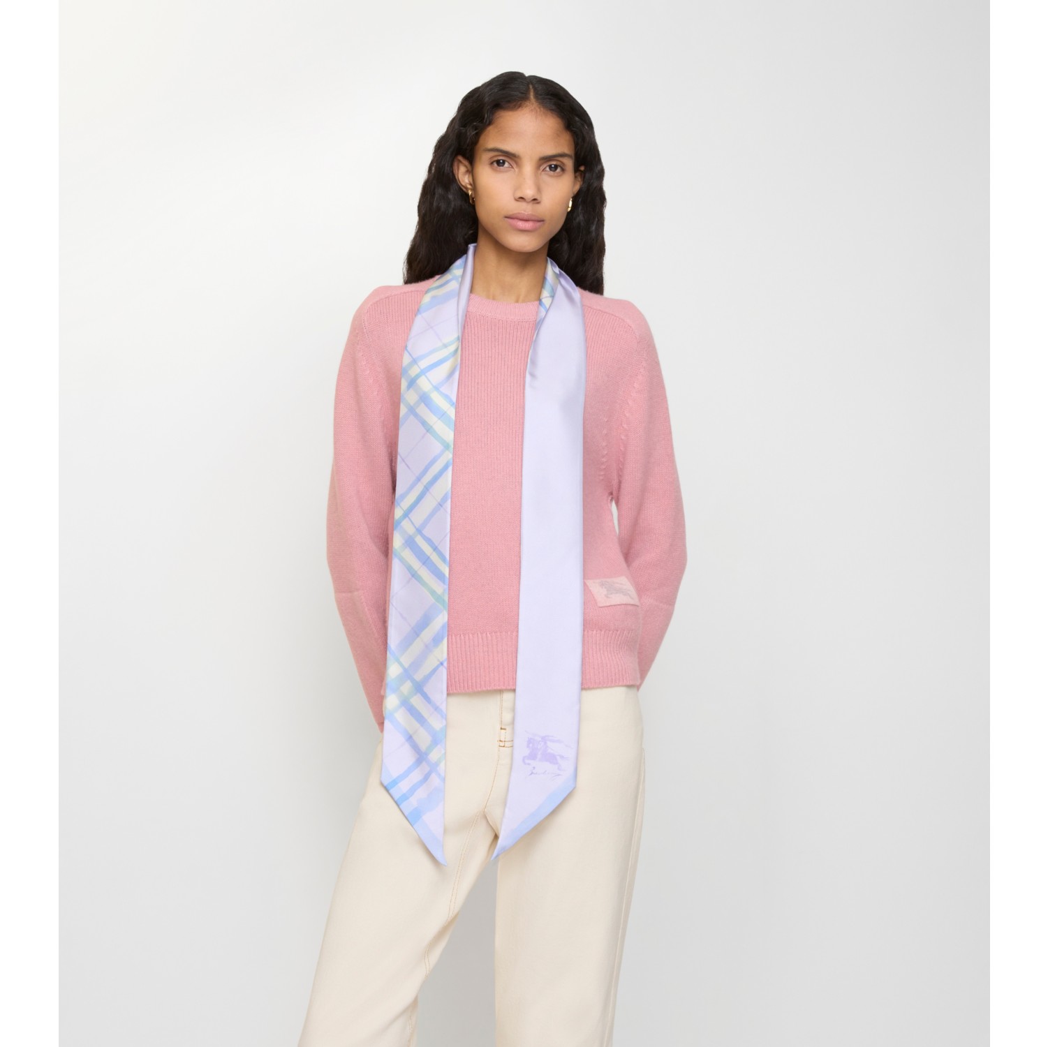 Schmaler Seidenschal in Check in Aquarelloptik