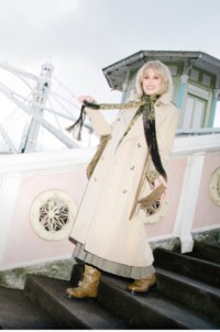 Shot of British Actress Joanna Lumley on the steps of Battersea Bridge, London