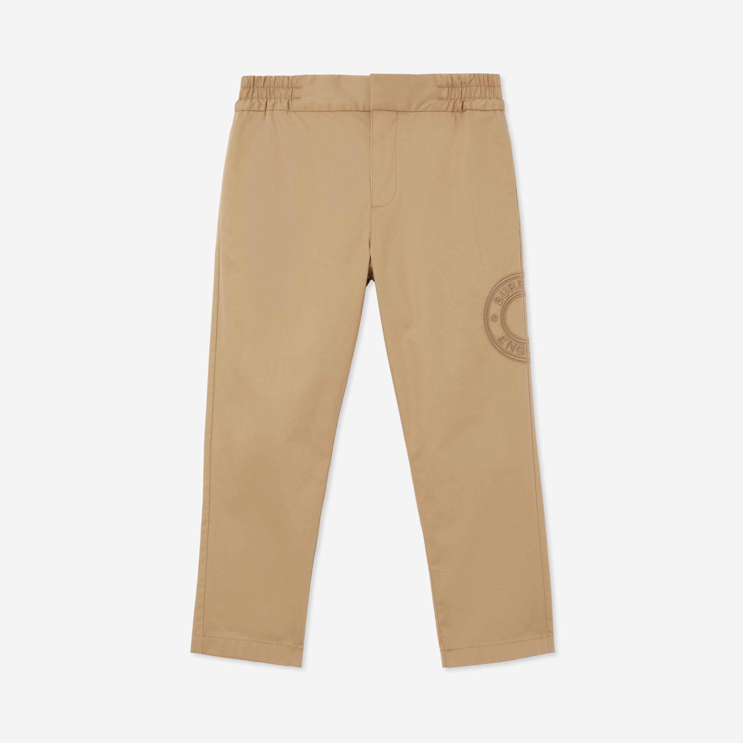 Calças de sarja de algodão com logotipo gráfico (Bege Clássico) | Burberry® oficial - 1