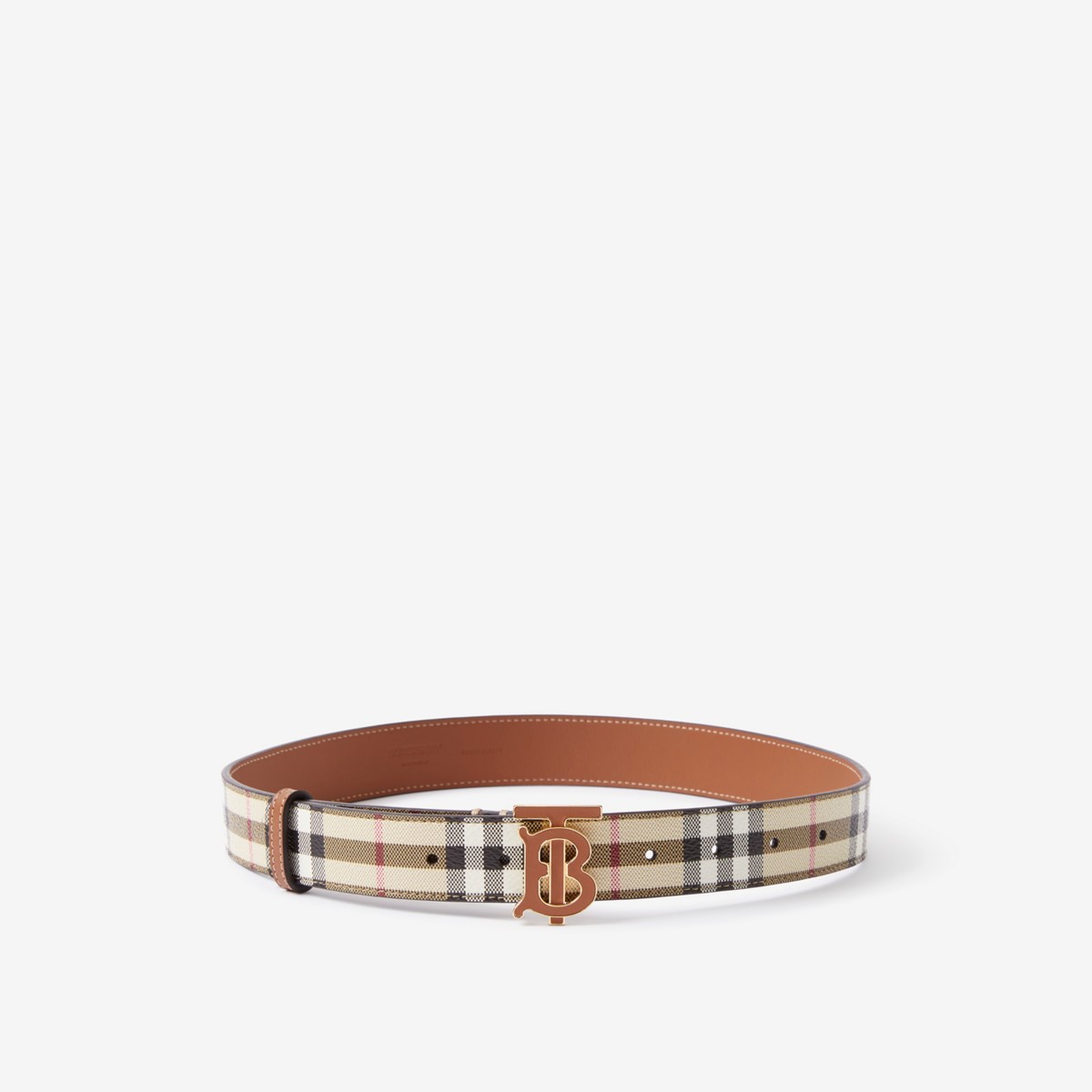 Shop Burberry Check And Leather Tb Belt In Archive Beige/briar Brown