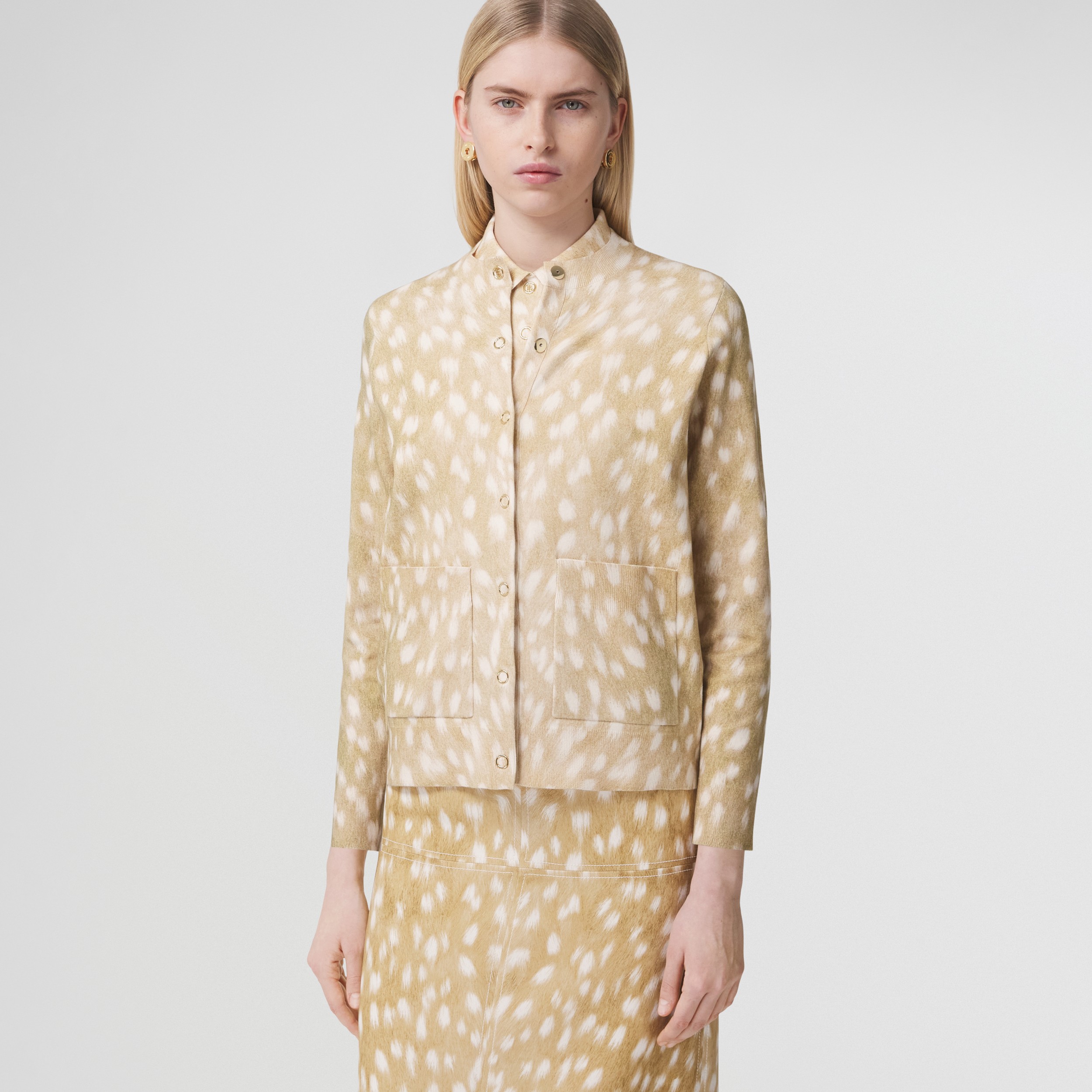 Deer Print Cotton Cashmere Blend Cardigan in Honey - Women | Burberry® Official - 1