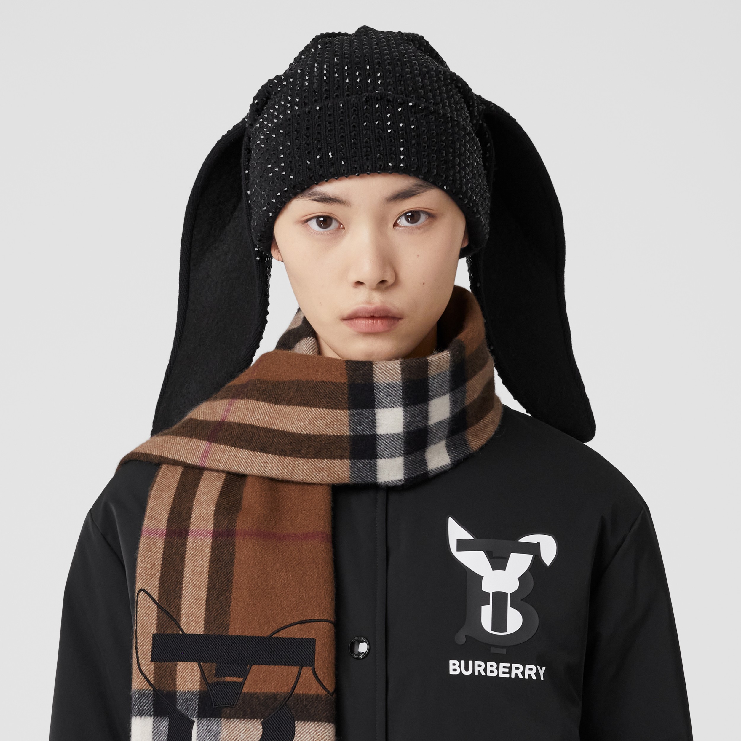 Embroidered Rabbit Check Cashmere Scarf in Dark Birch Brown | Burberry® Official - 3