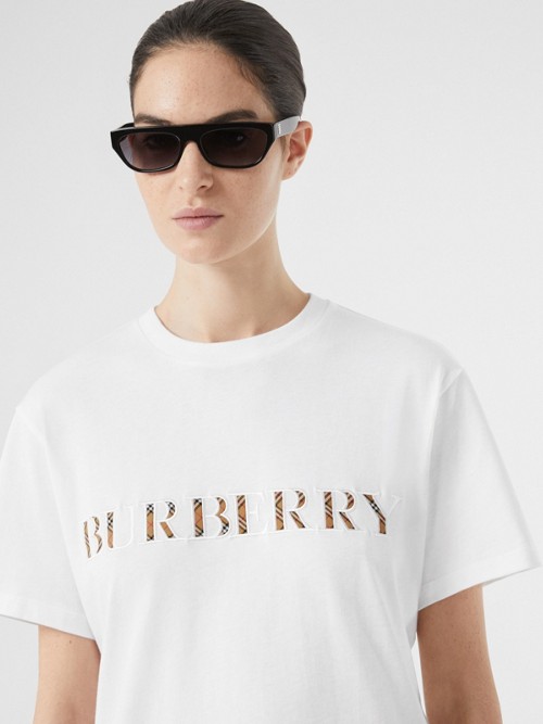 Burberry Embroidered Check Logo Cotton T-shirt In White