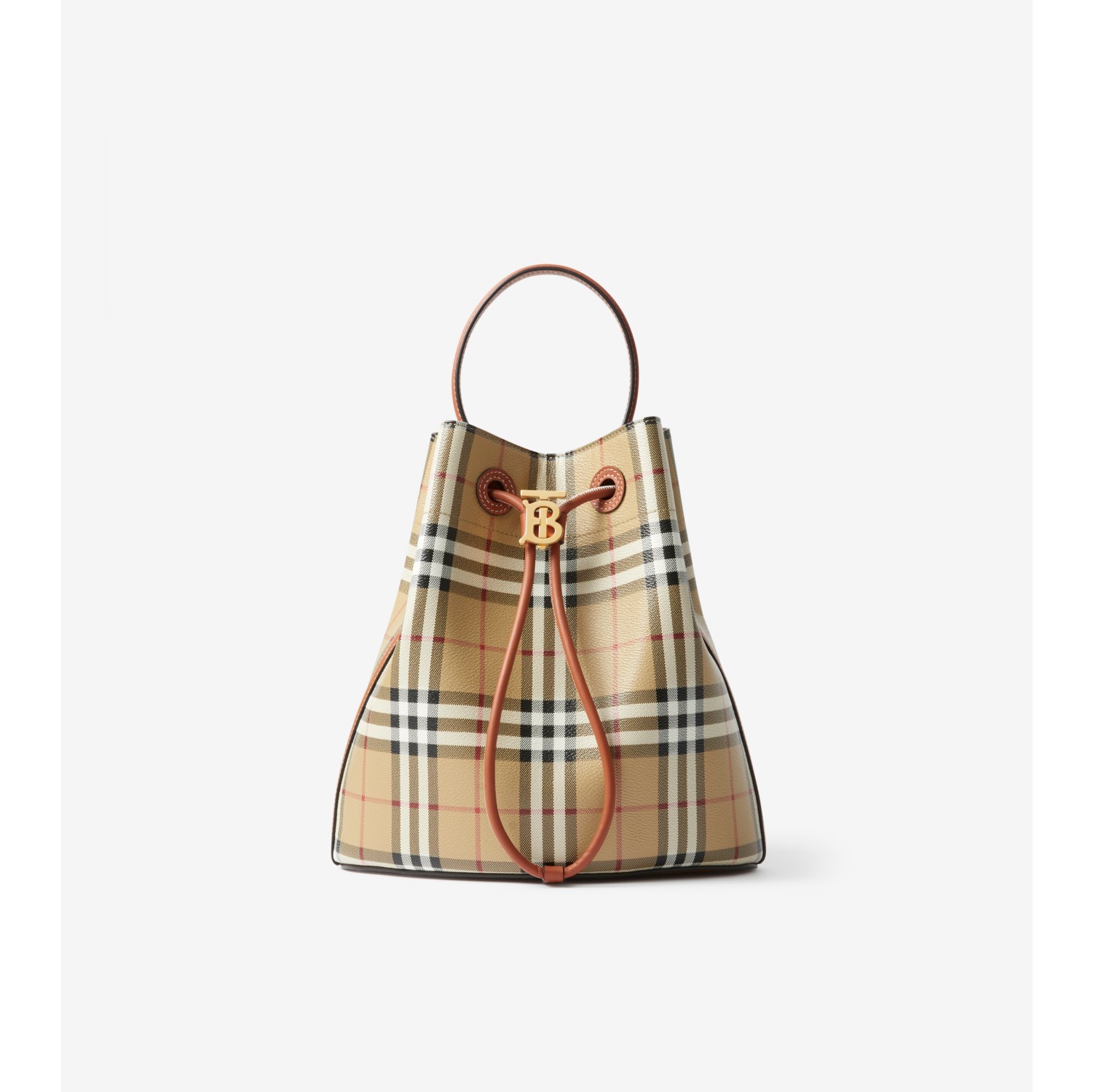 Burberry TB Small Leather Bucket Bag - Vintage Check/Briar Brown