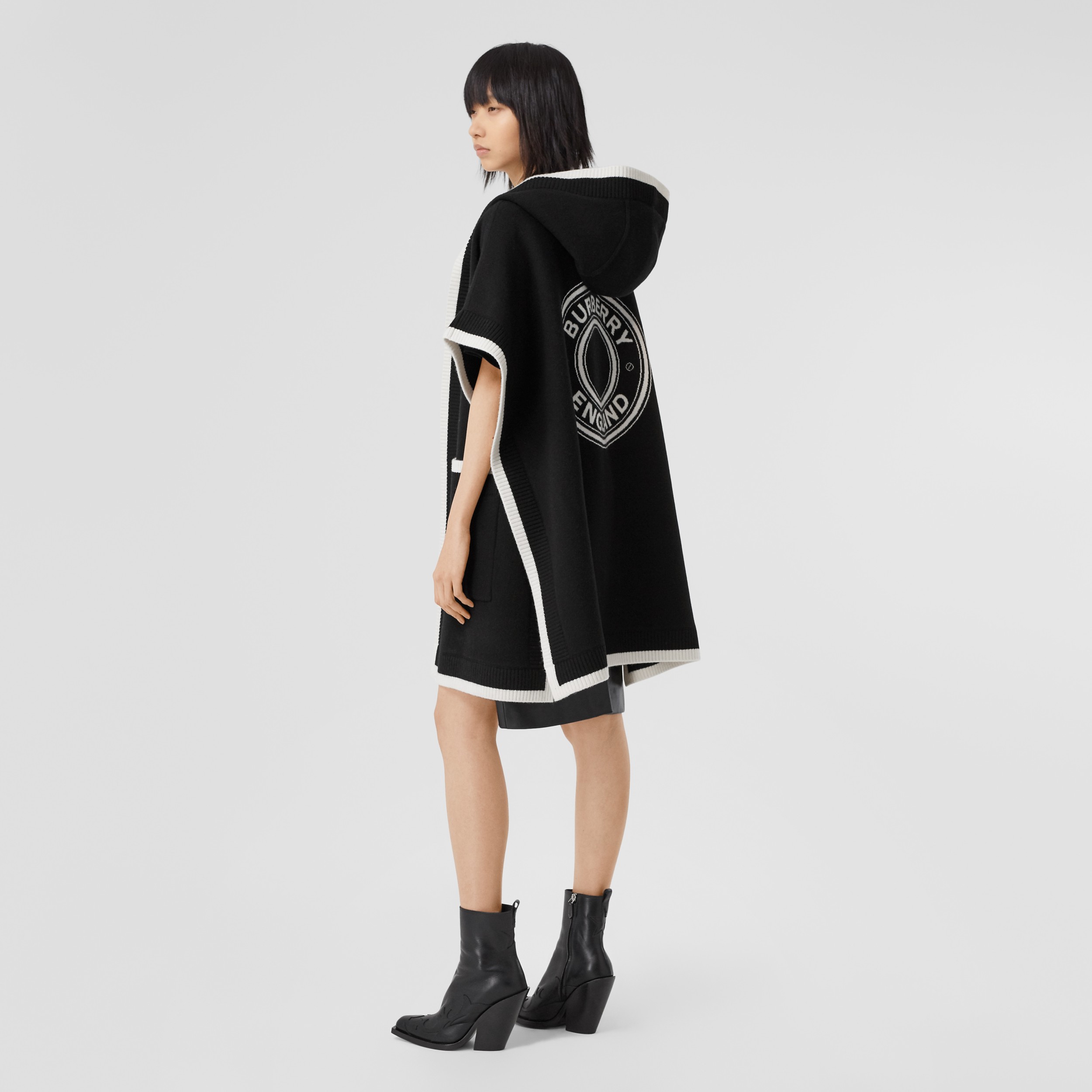 Logo Graphic Wool Cashmere Jacquard Hooded Cape in Black | Burberry® Official - 1