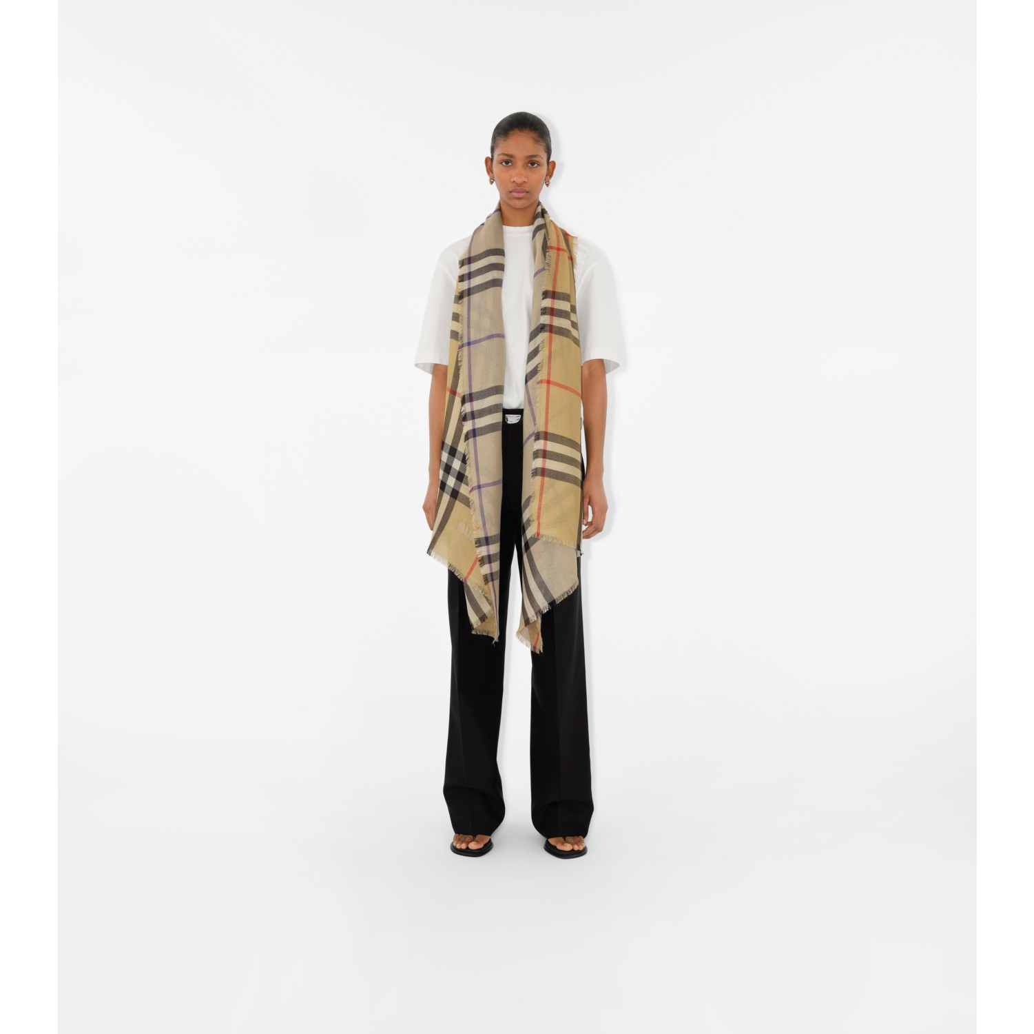 Wide Reversible Check Wool Silk Scarf