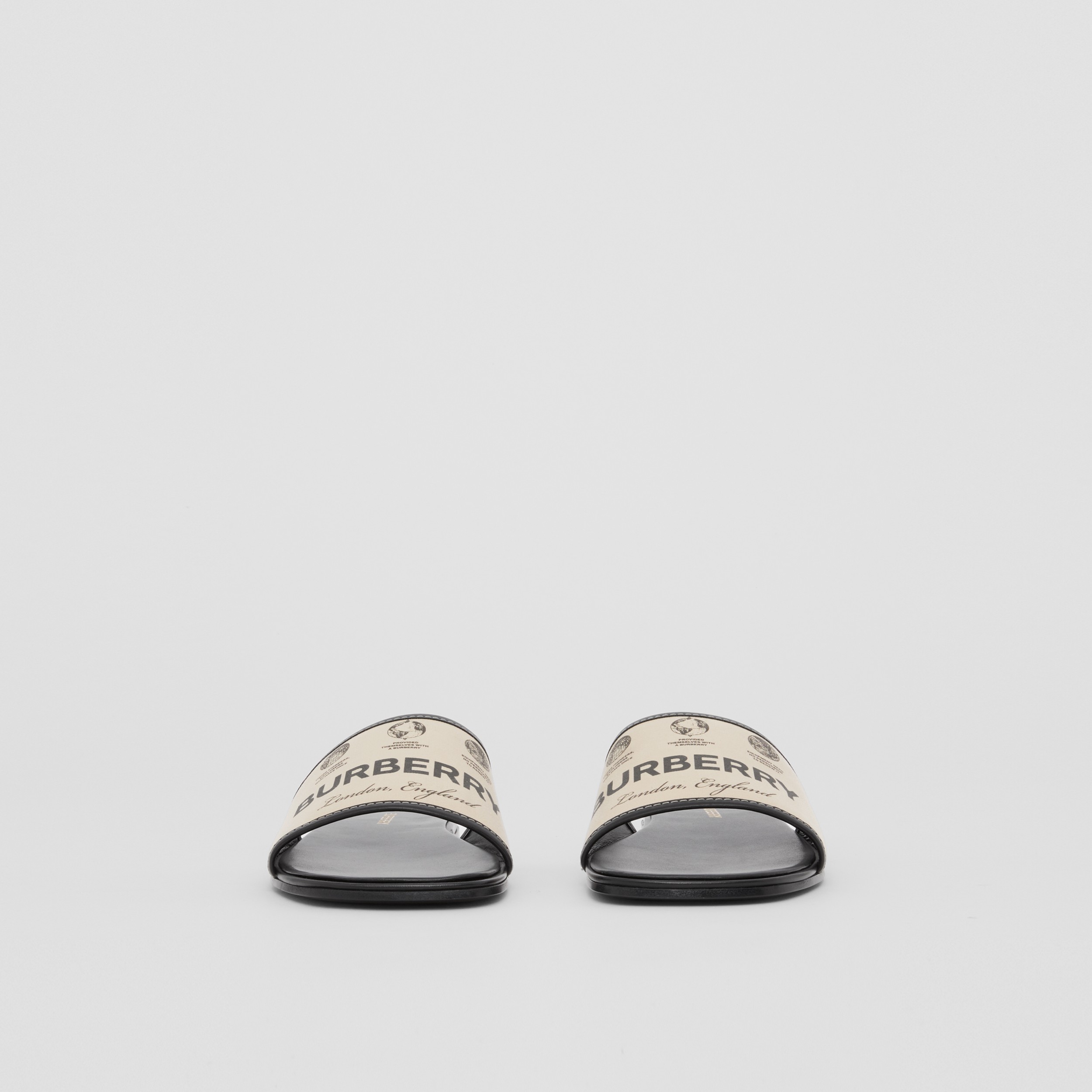 Label Print Gabardine and Leather Slides in Beige - Women | Burberry® Official - 3