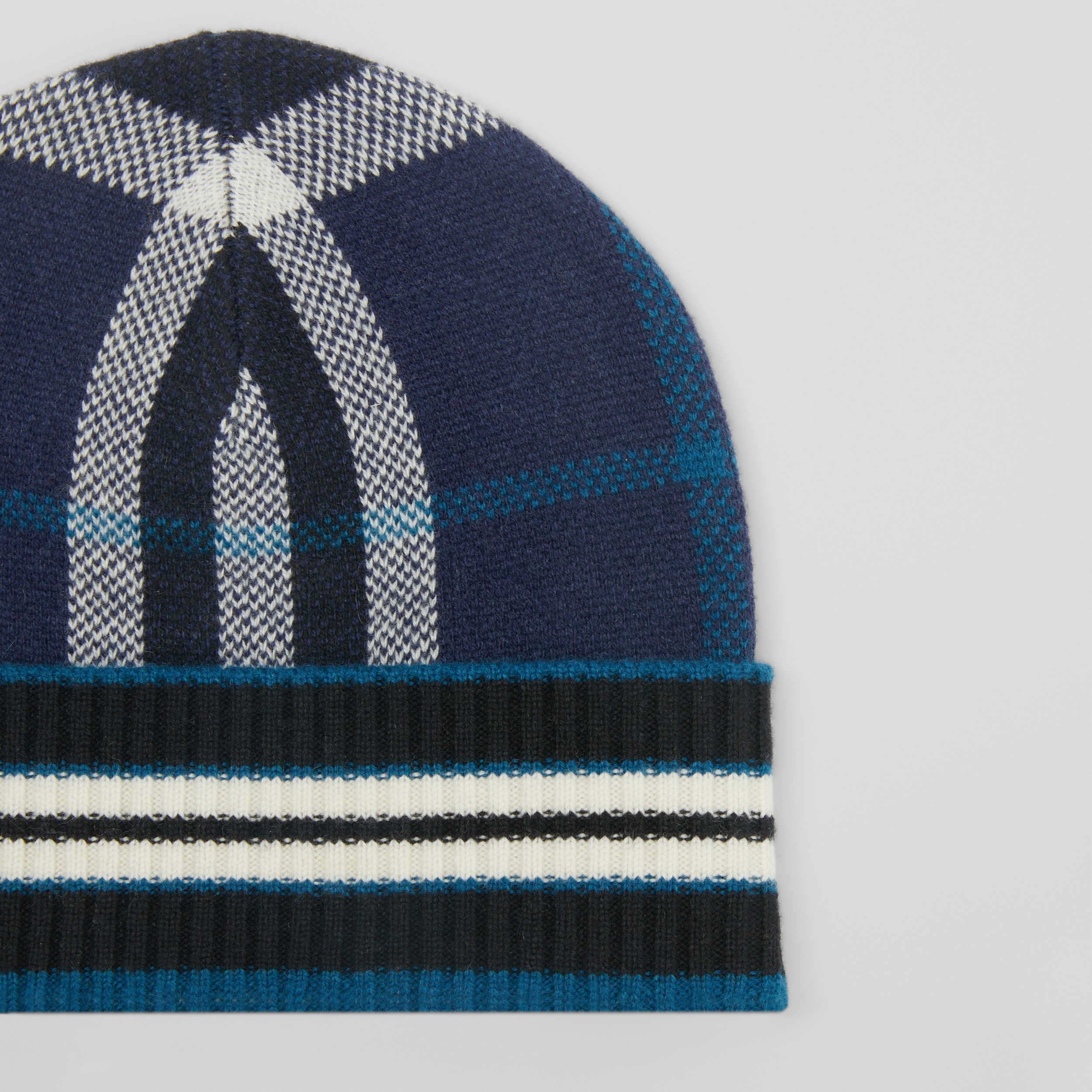 Check and Stripe Cashmere Beanie in Navy | Burberry® Official - 2