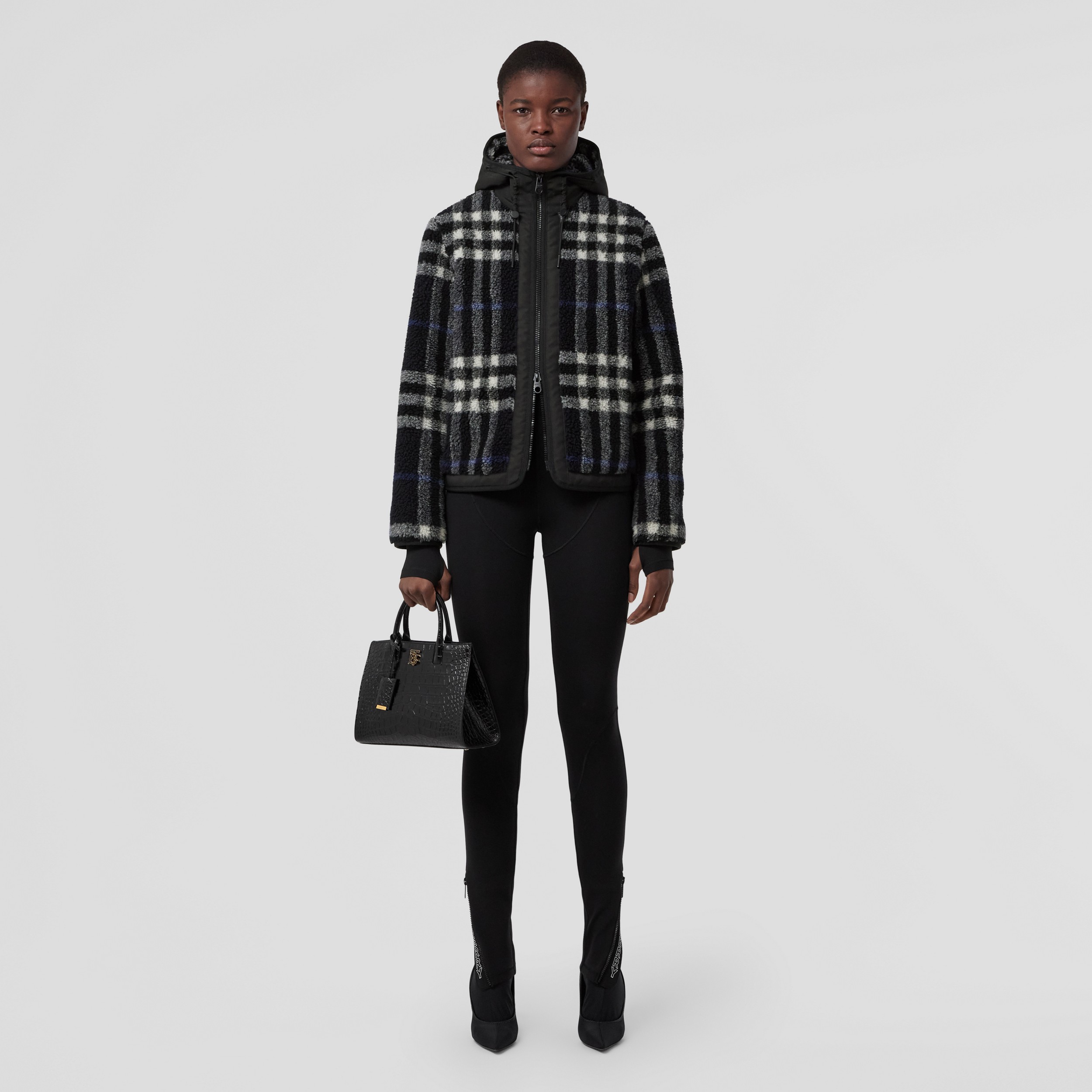 Exaggerated Check Fleece Hooded Jacket in White/dark Carbon Blue - Women | Burberry® Official - 1