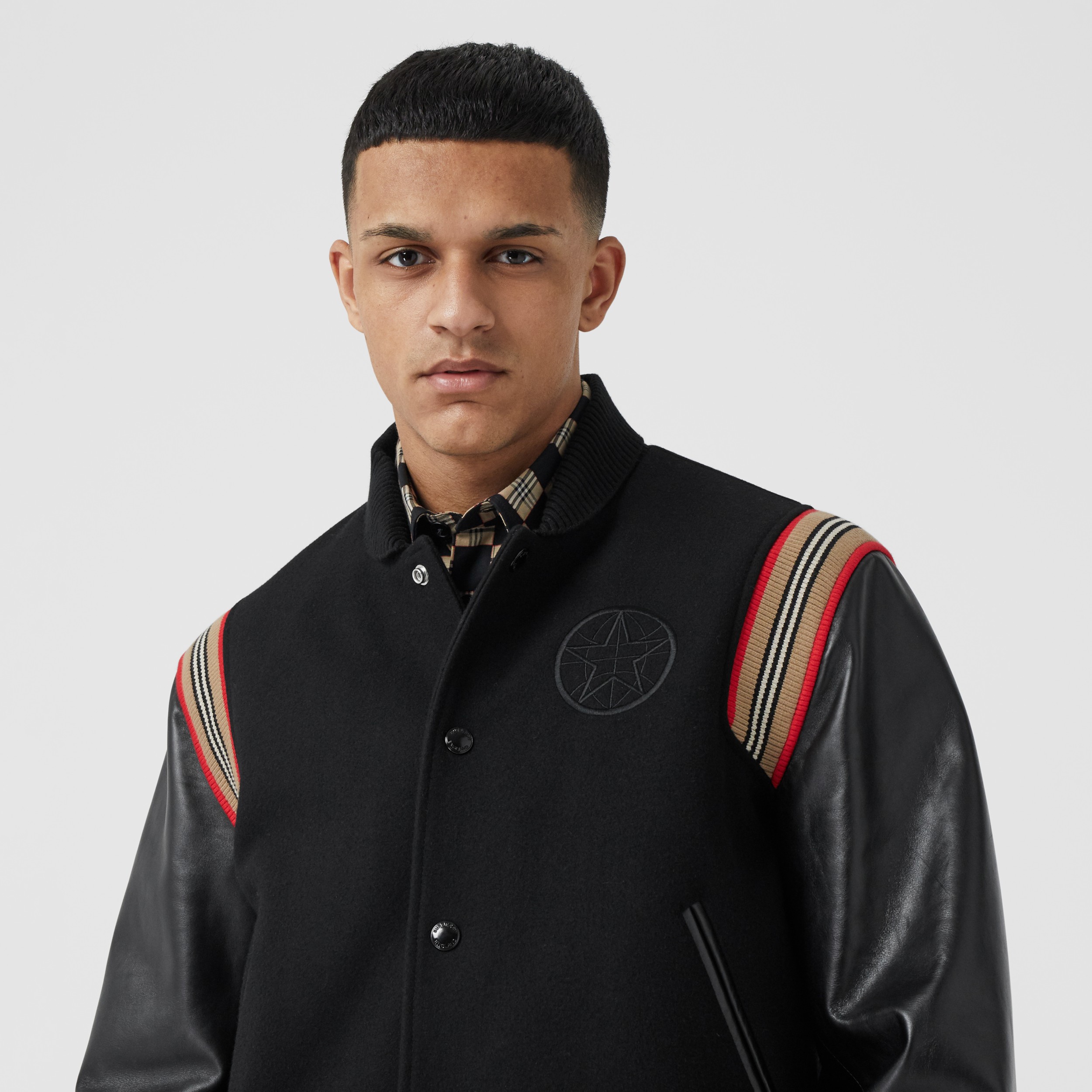 Icon Stripe Trim Wool Felt and Leather Bomber Jacket Men Burberry