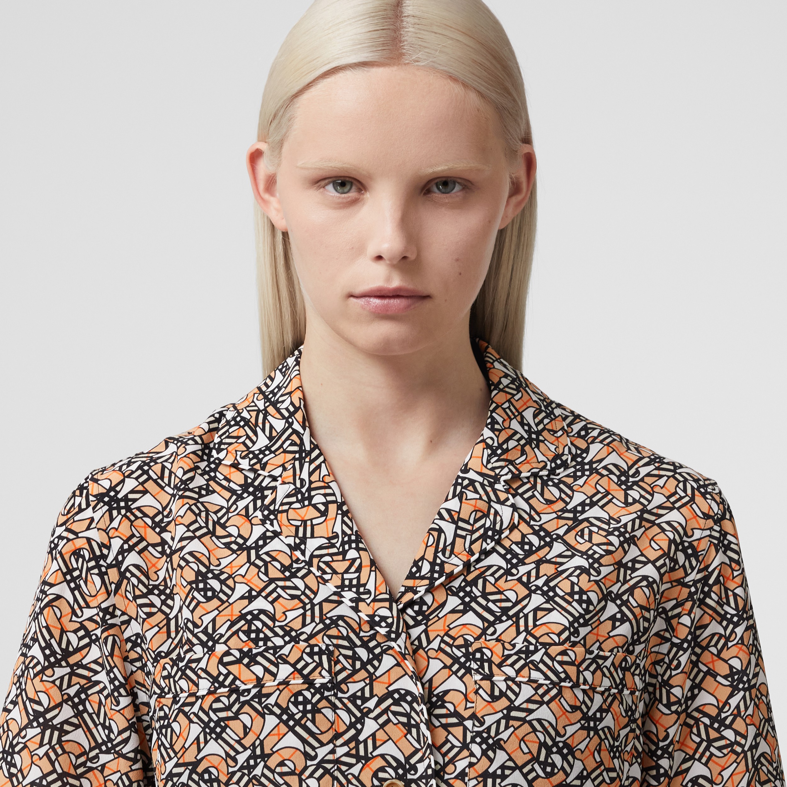 Shortsleeve Monogram Print Silk Shirt Dress in White Women