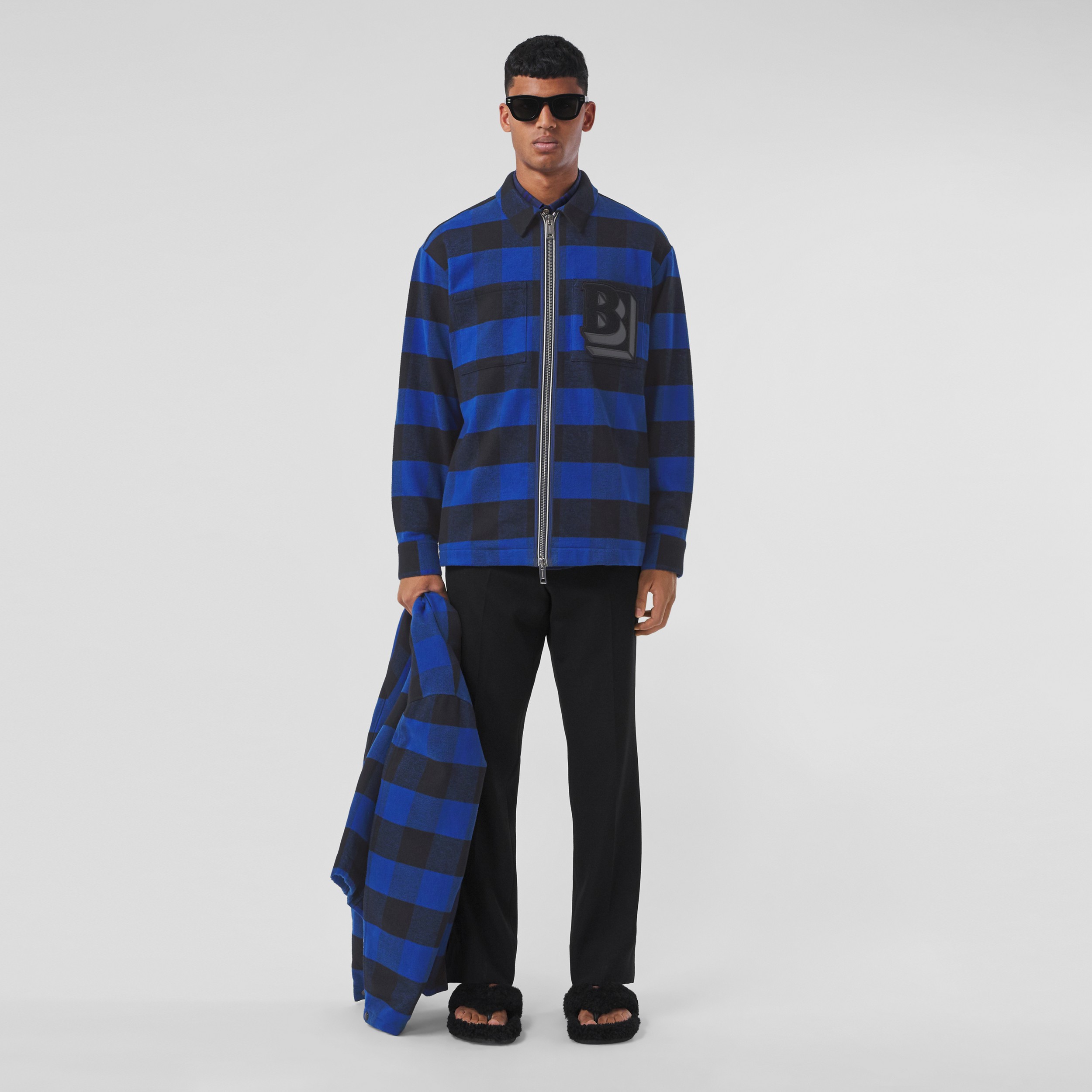 Letter Graphic Gingham Cotton Flannel Zip-front Shirt in Oceanic Blue - Men | Burberry® Official - 1