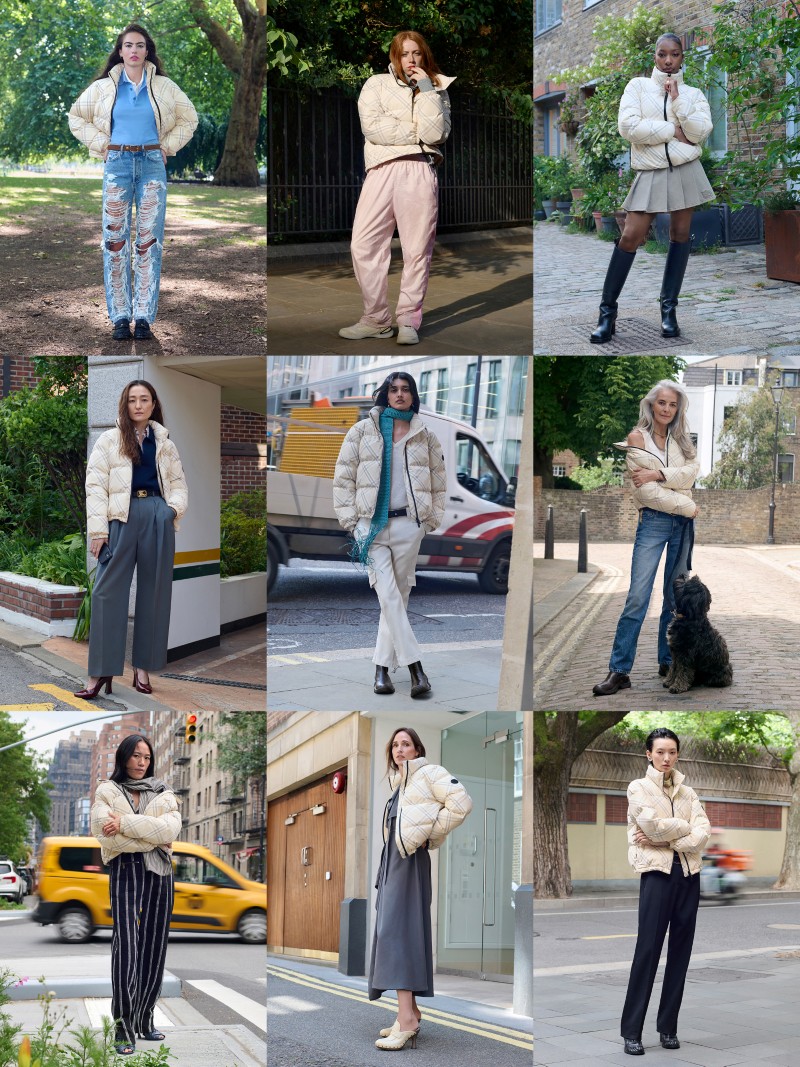 Grid of 9 Shots of a mixture of personalities & Burberry employees wearing the Check Ambleside Puffer Jacket in colour Yarn beige